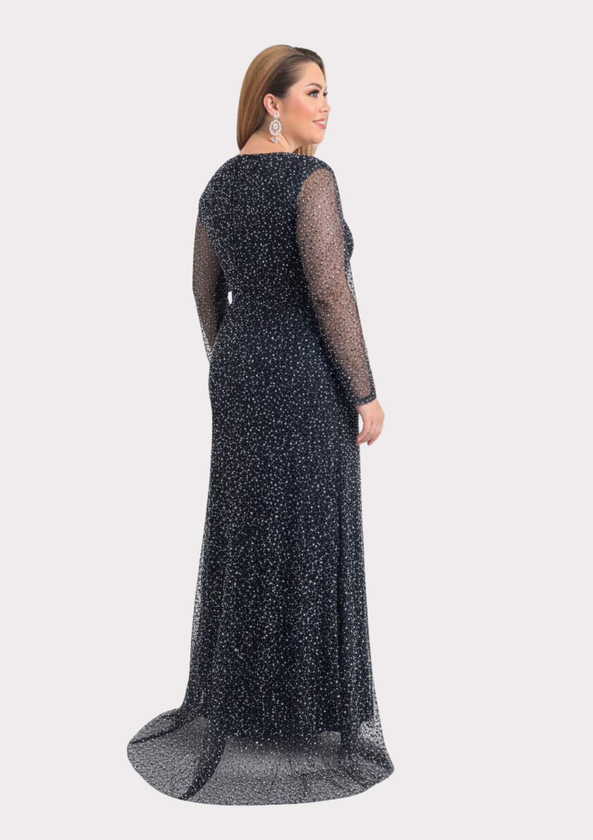 Büyük Beden Glitter Baskı Siyah Renkli Uzun Kollu Uzun Abiye Elbise