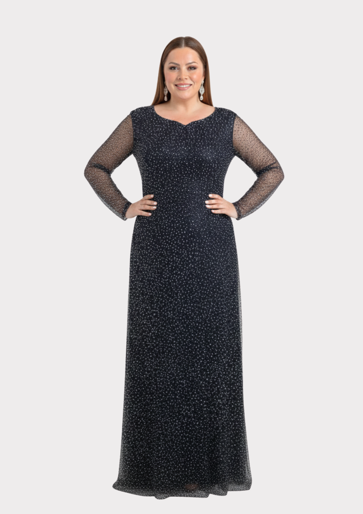 Büyük Beden Glitter Baskı Siyah Renkli Uzun Kollu Uzun Abiye Elbise