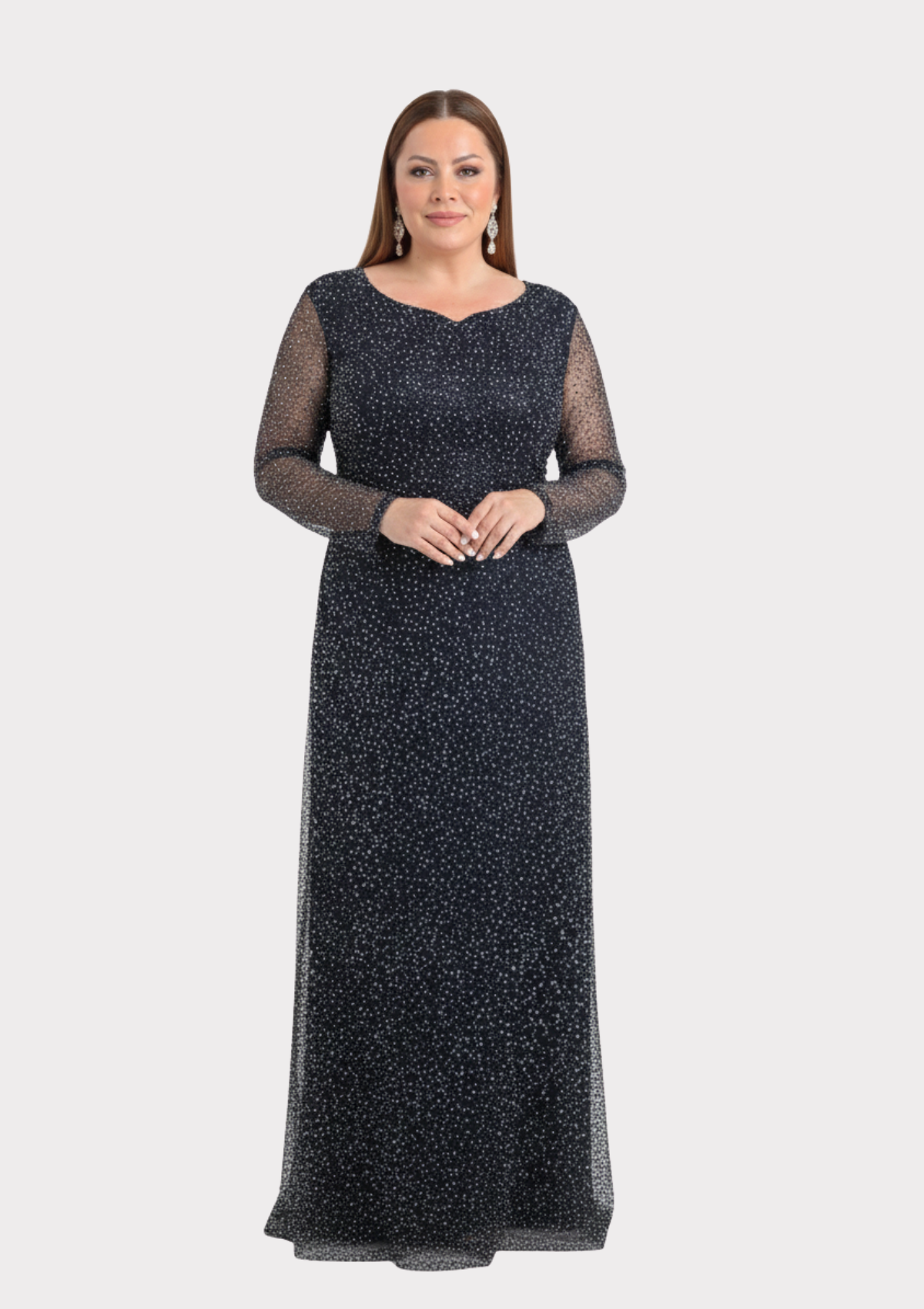 Büyük Beden Glitter Baskı Siyah Renkli Uzun Kollu Uzun Abiye Elbise