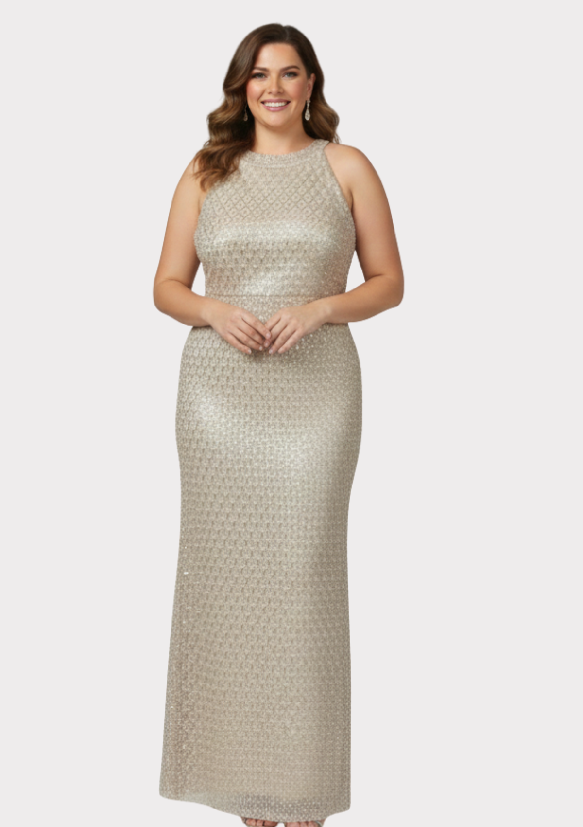 Büyük Beden Gold Renkli Payetli Likralı Uzun Abiye