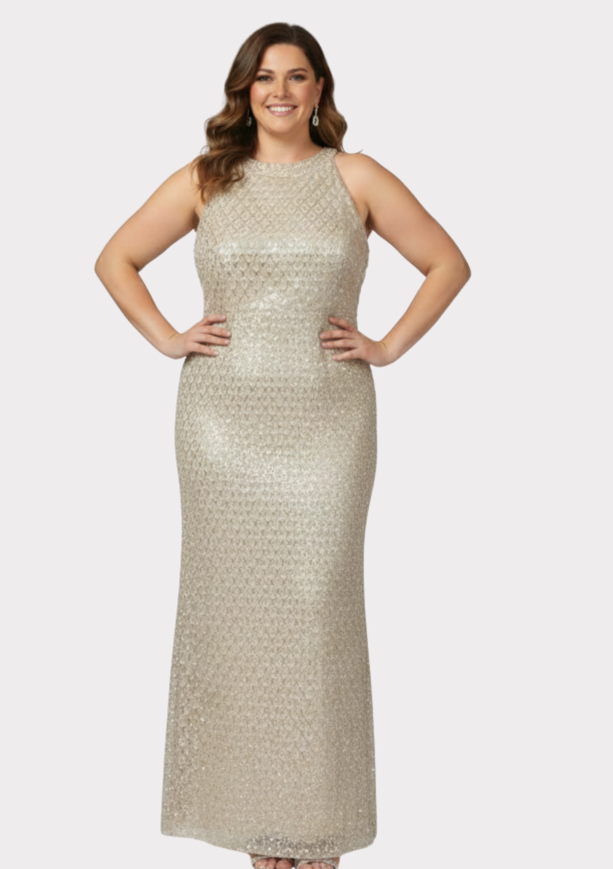 Büyük Beden Gold Renkli Payetli Likralı Uzun Abiye