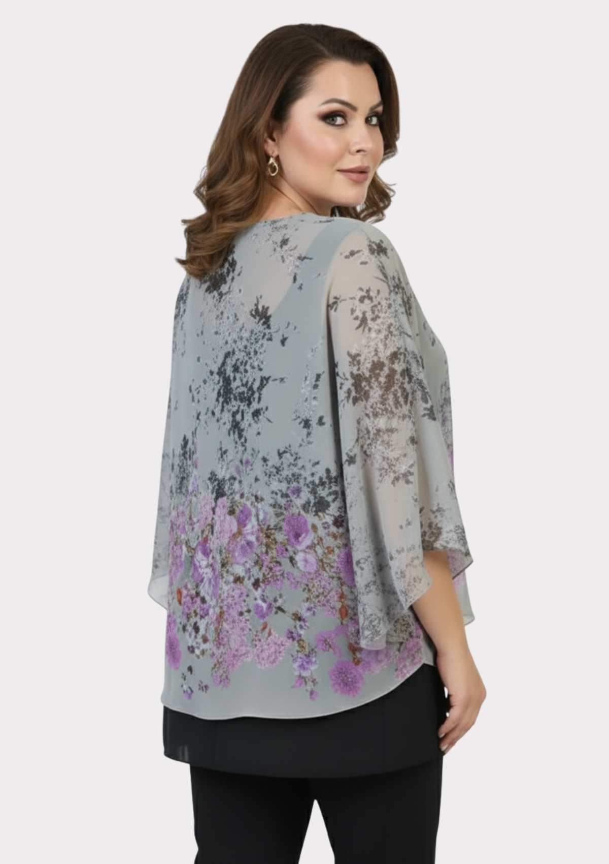 Büyük Beden Gri Renkli Çiçekli Yarasa Kol Şifon Bluz