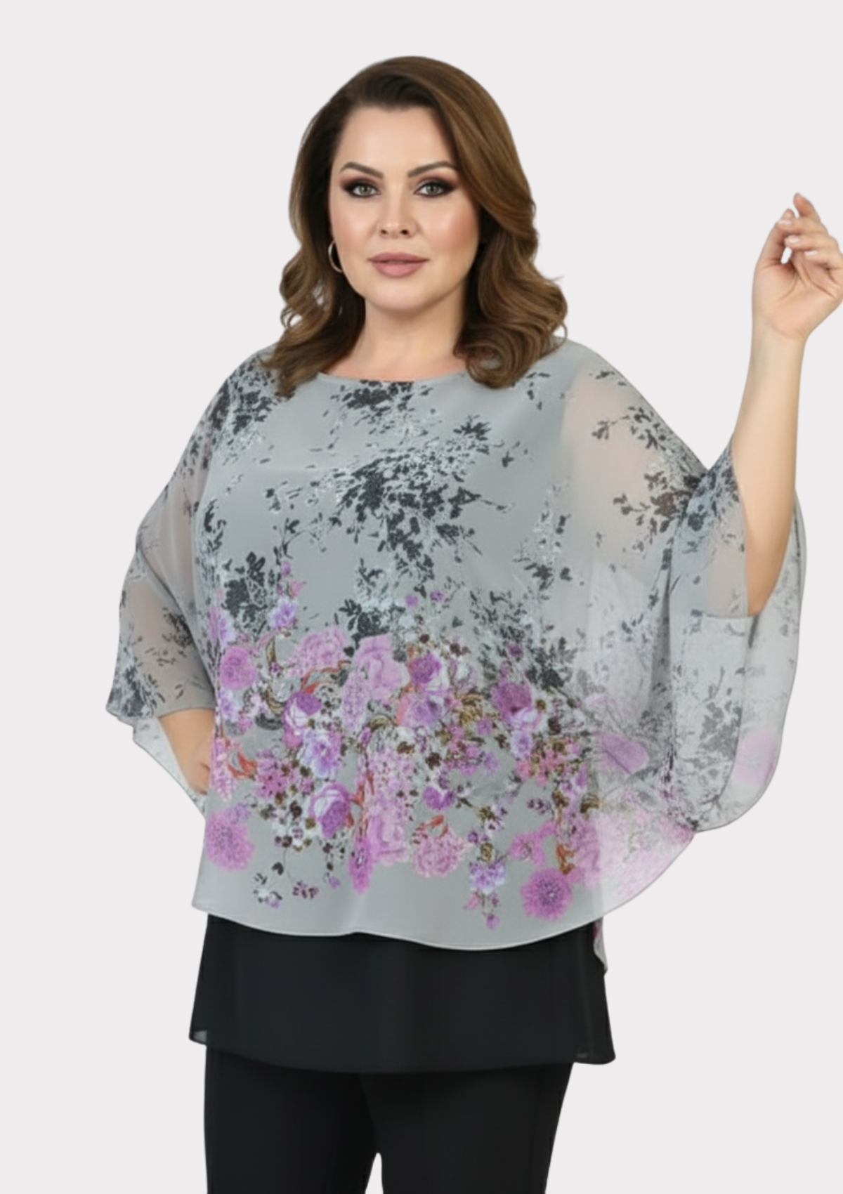 Büyük Beden Gri Renkli Çiçekli Yarasa Kol Şifon Bluz