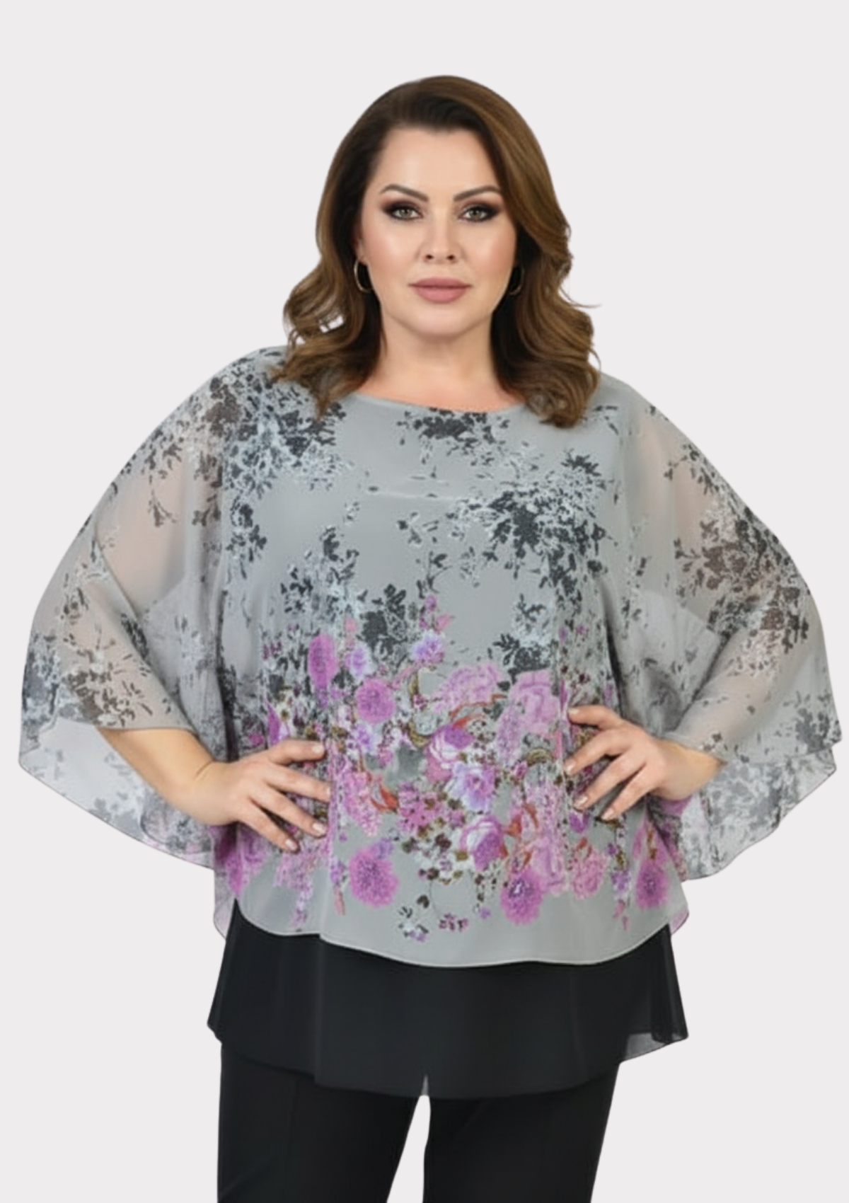 Büyük Beden Gri Renkli Çiçekli Yarasa Kol Şifon Bluz