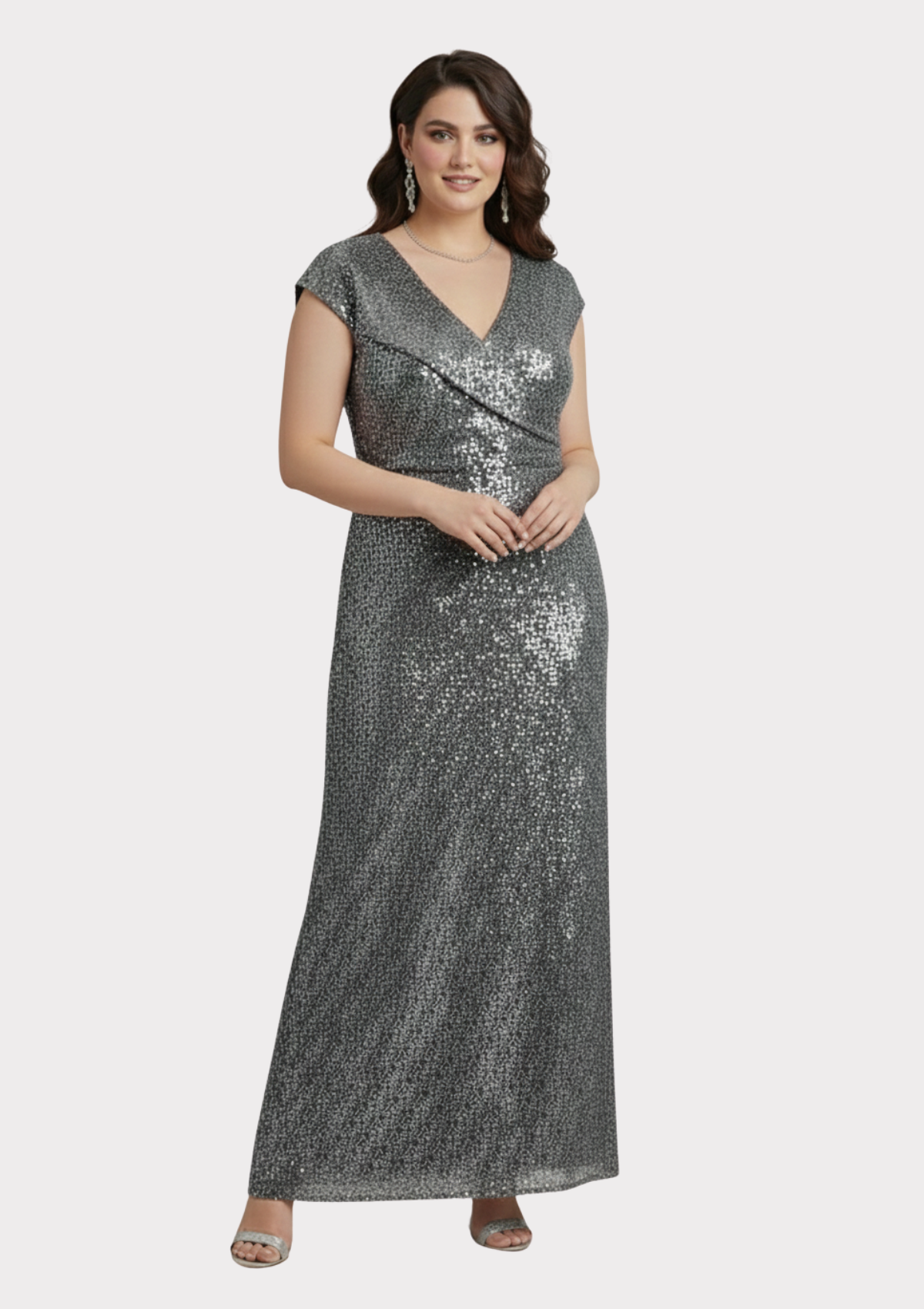 Büyük Beden Gri Renkli Payetli Likralı Uzun Abiye