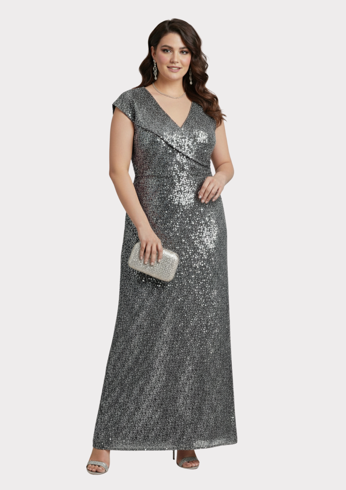 Büyük Beden Gri Renkli Payetli Likralı Uzun Abiye