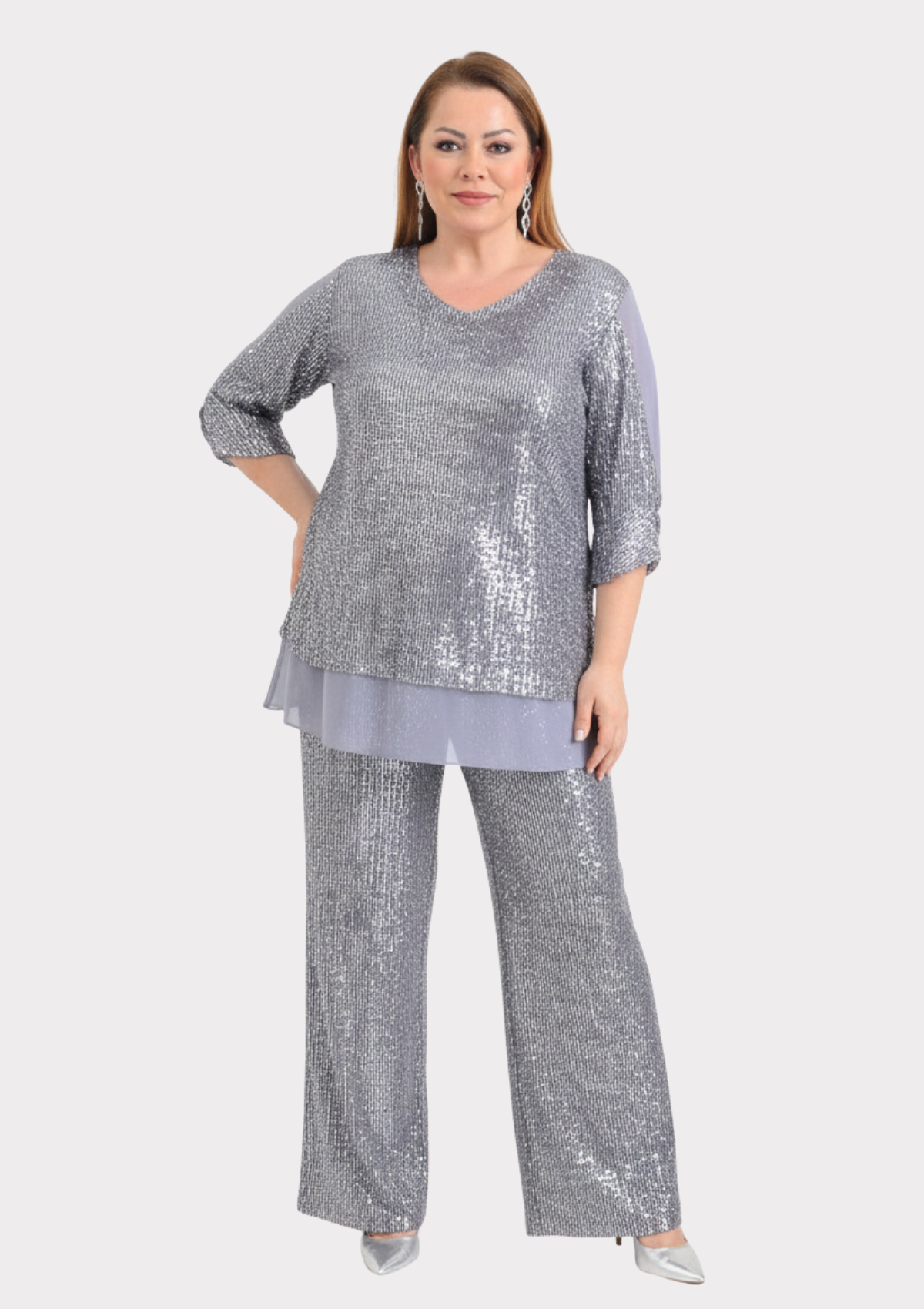 Büyük Beden Gri Renkli Pul Payetli Pantolon