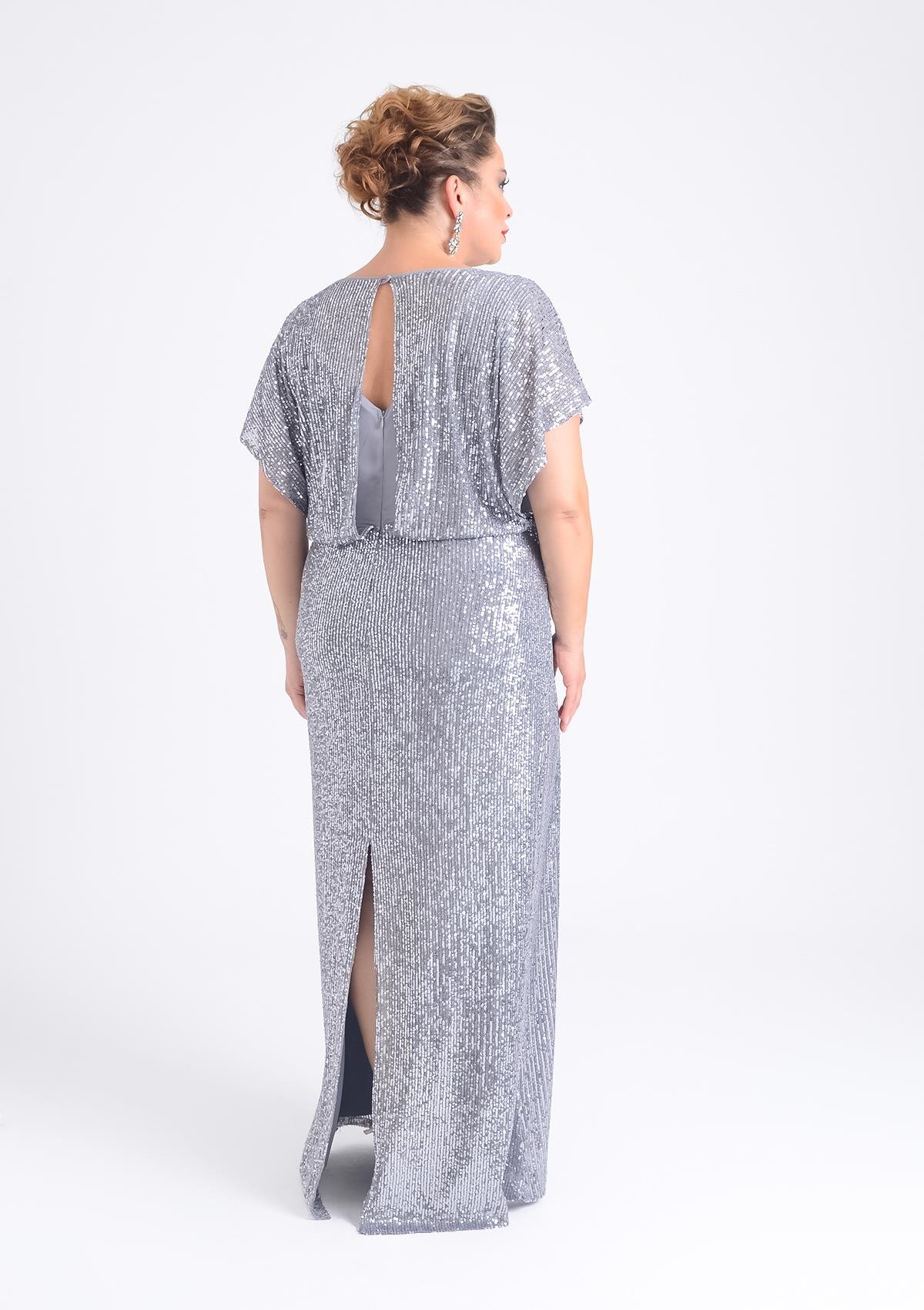 Büyük Beden Gri Renkli Pul Payetli Uzun Abiye Elbise