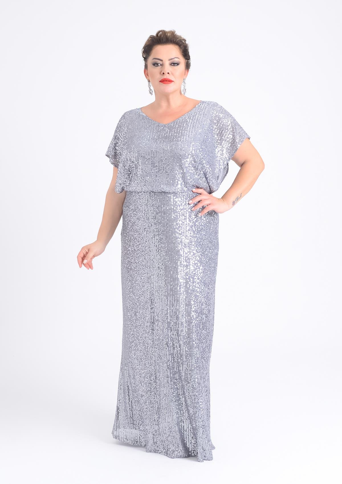Büyük Beden Gri Renkli Pul Payetli Uzun Abiye Elbise