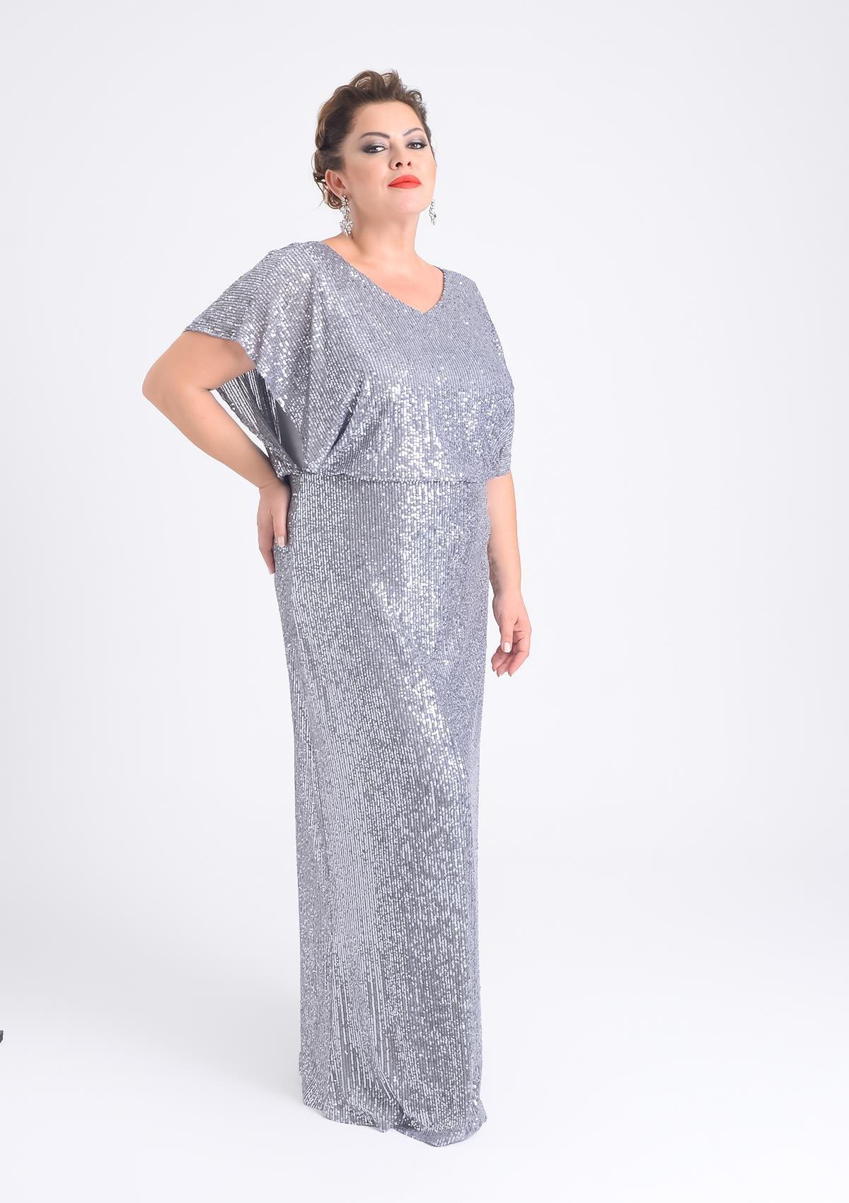 Büyük Beden Gri Renkli Pul Payetli Uzun Abiye Elbise