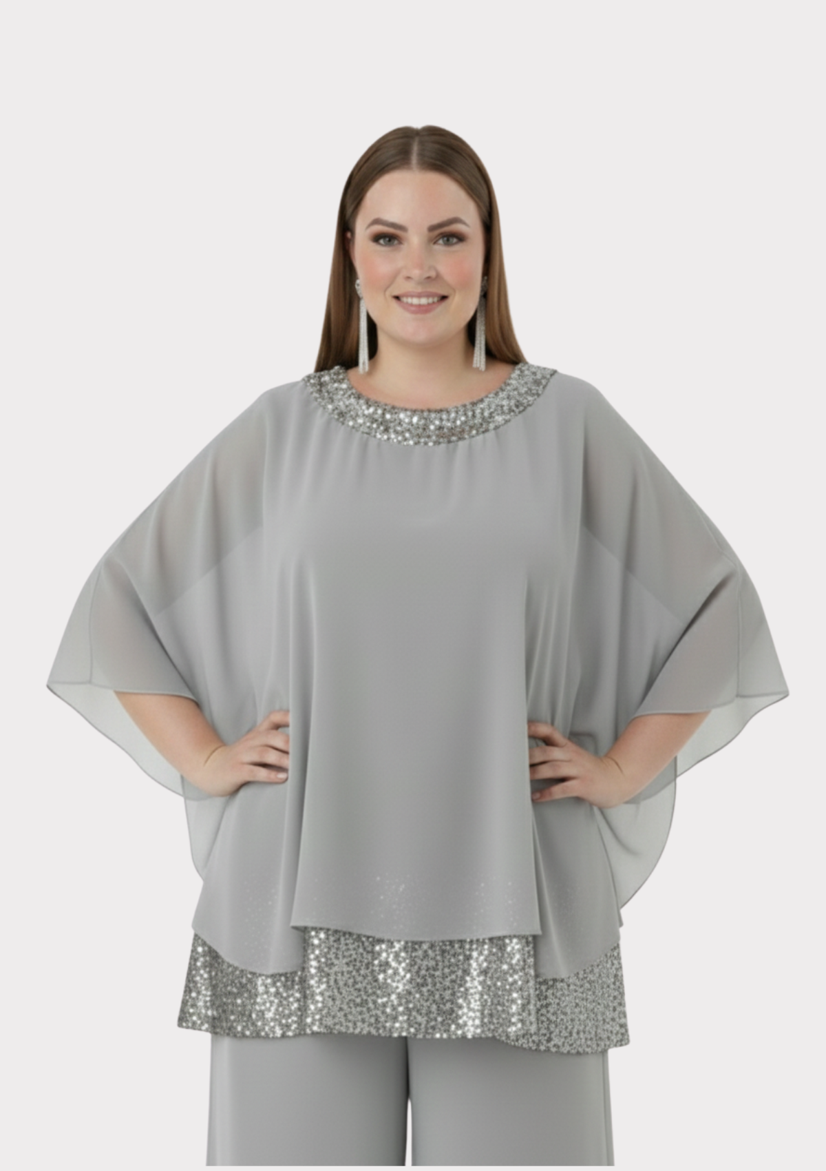 Büyük Beden Gri Renkli Şifon Abiye Bluz
