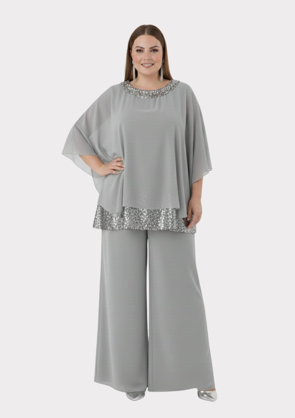 Büyük Beden Gri Renkli Şifon Abiye Bluz
