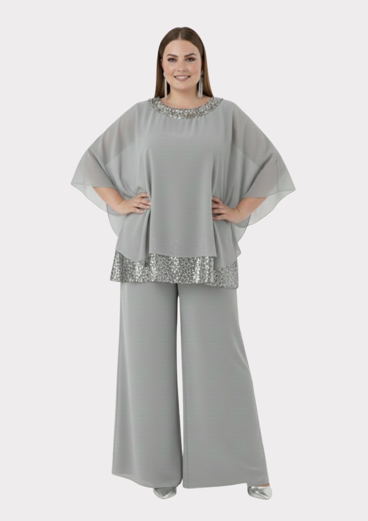 Büyük Beden Gri Renkli Şifon Abiye Pantolon Bluz Takım