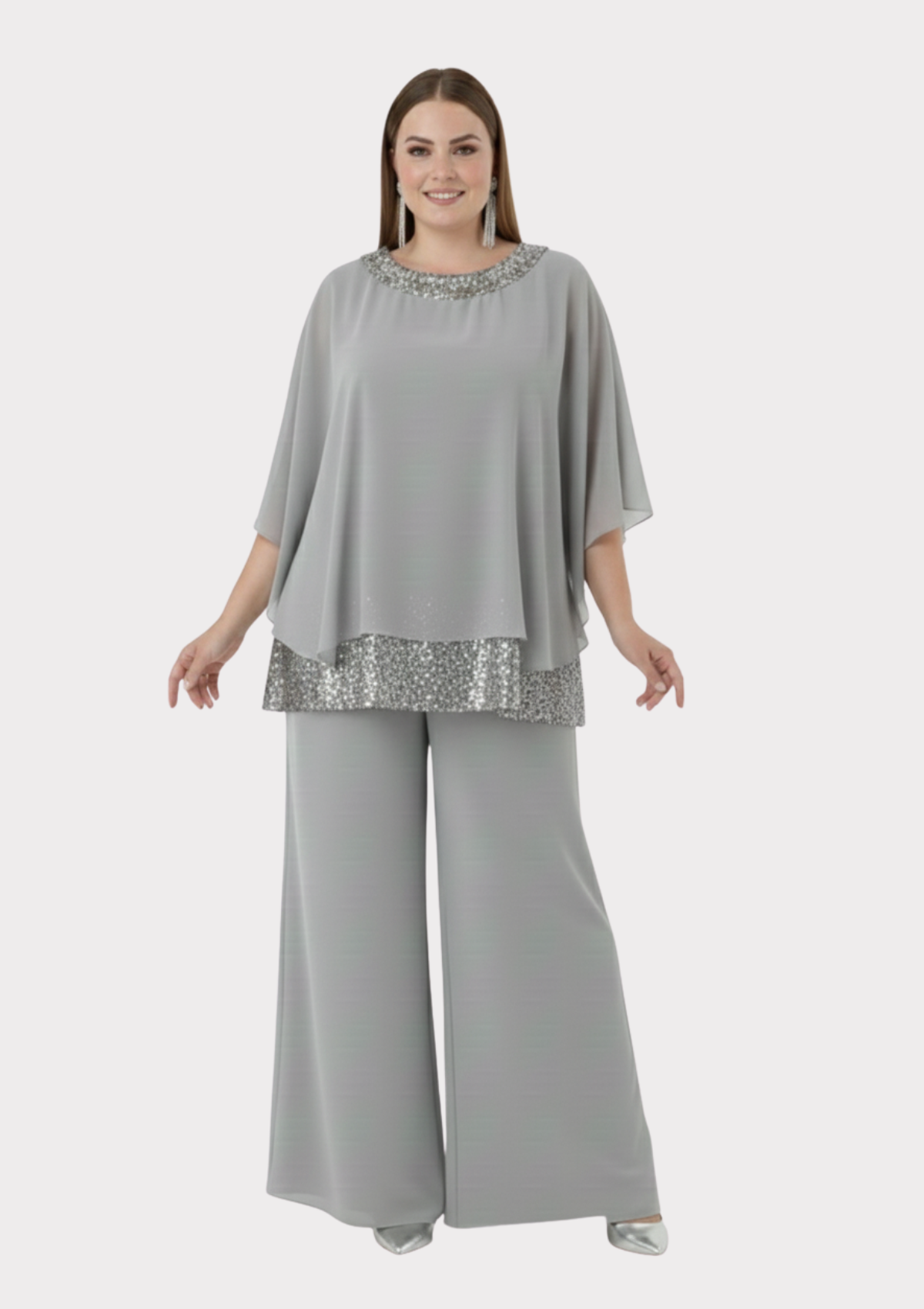 Büyük Beden Gri Renkli Şifon Abiye Pantolon Bluz Takım
