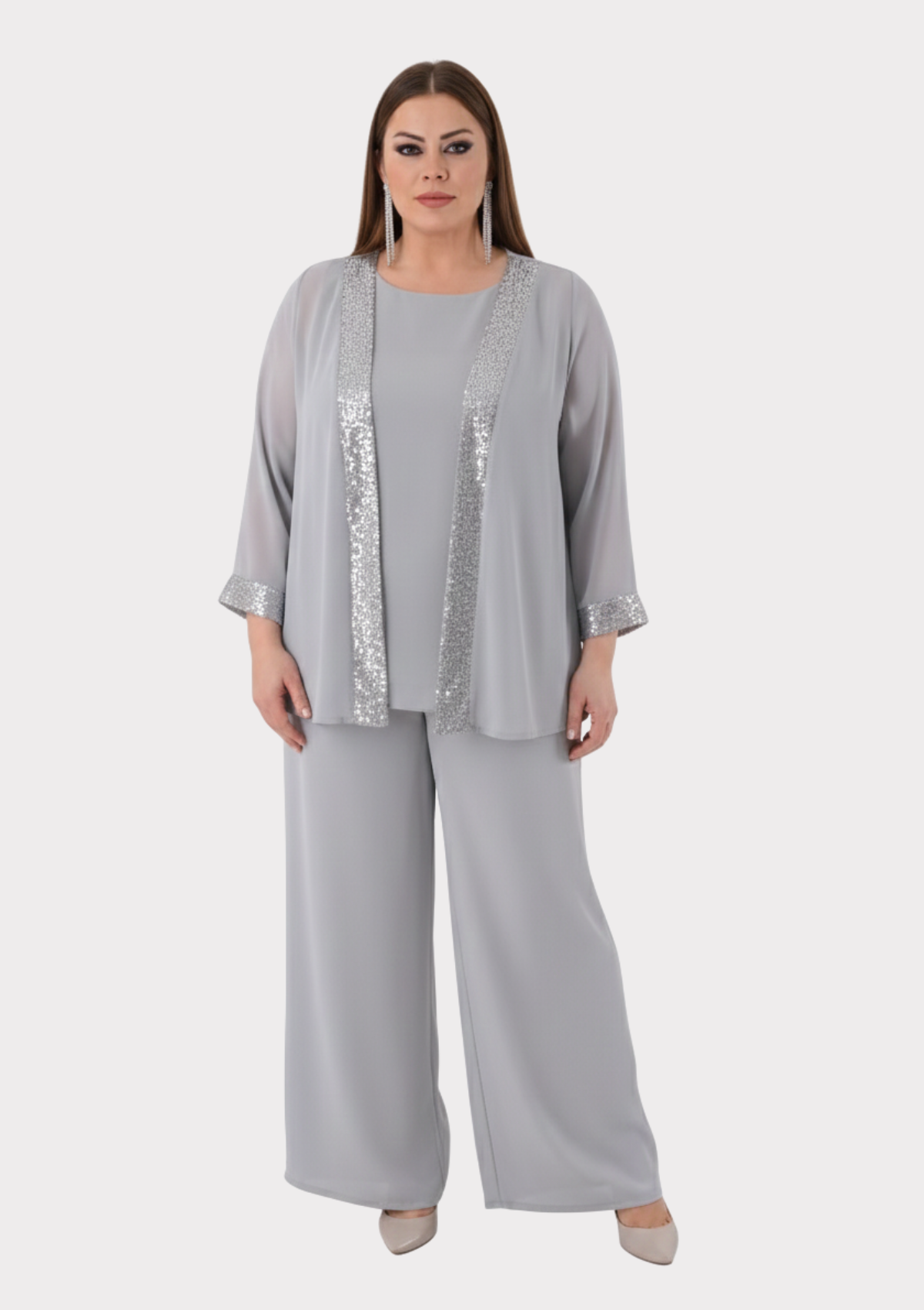 Büyük Beden Gri Renkli Şifon Abiye Pantolon Bluz Takım