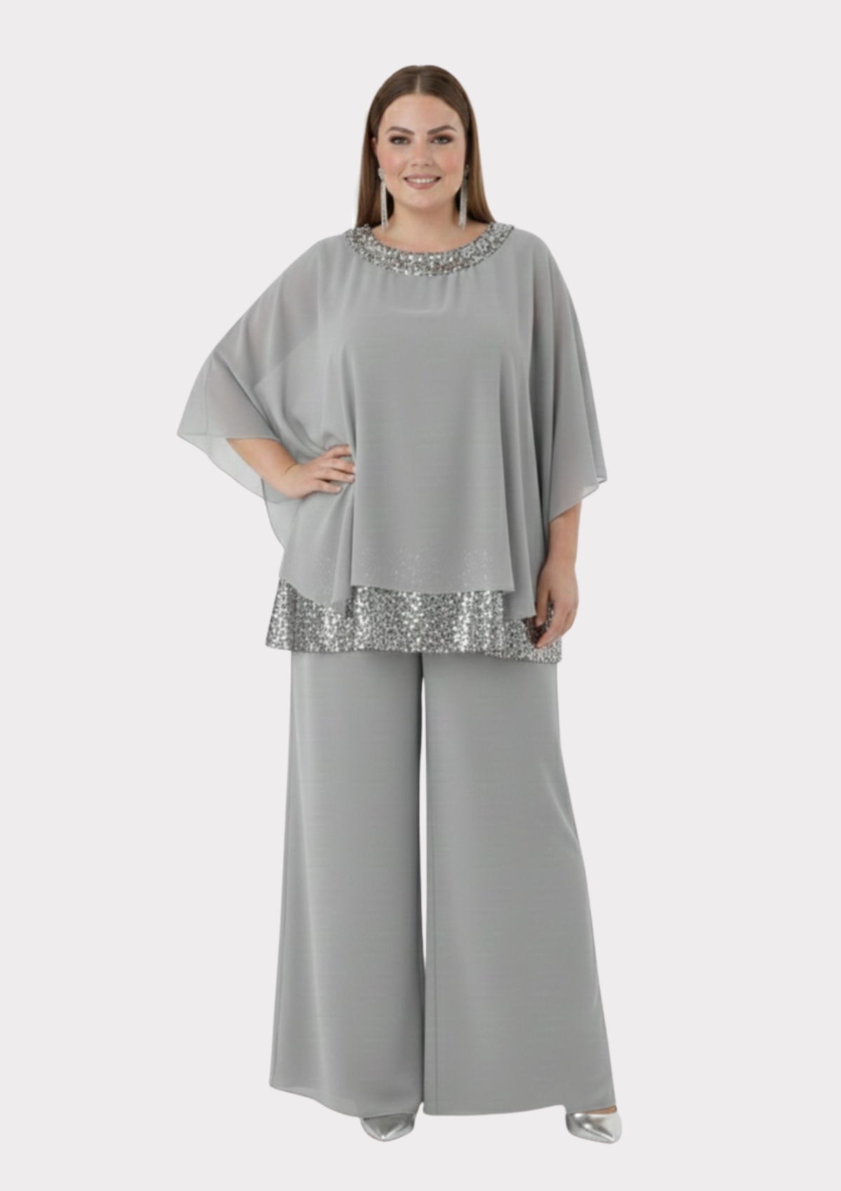 Büyük Beden Gri Renkli Şifon Abiye Pantolon Bluz Takım