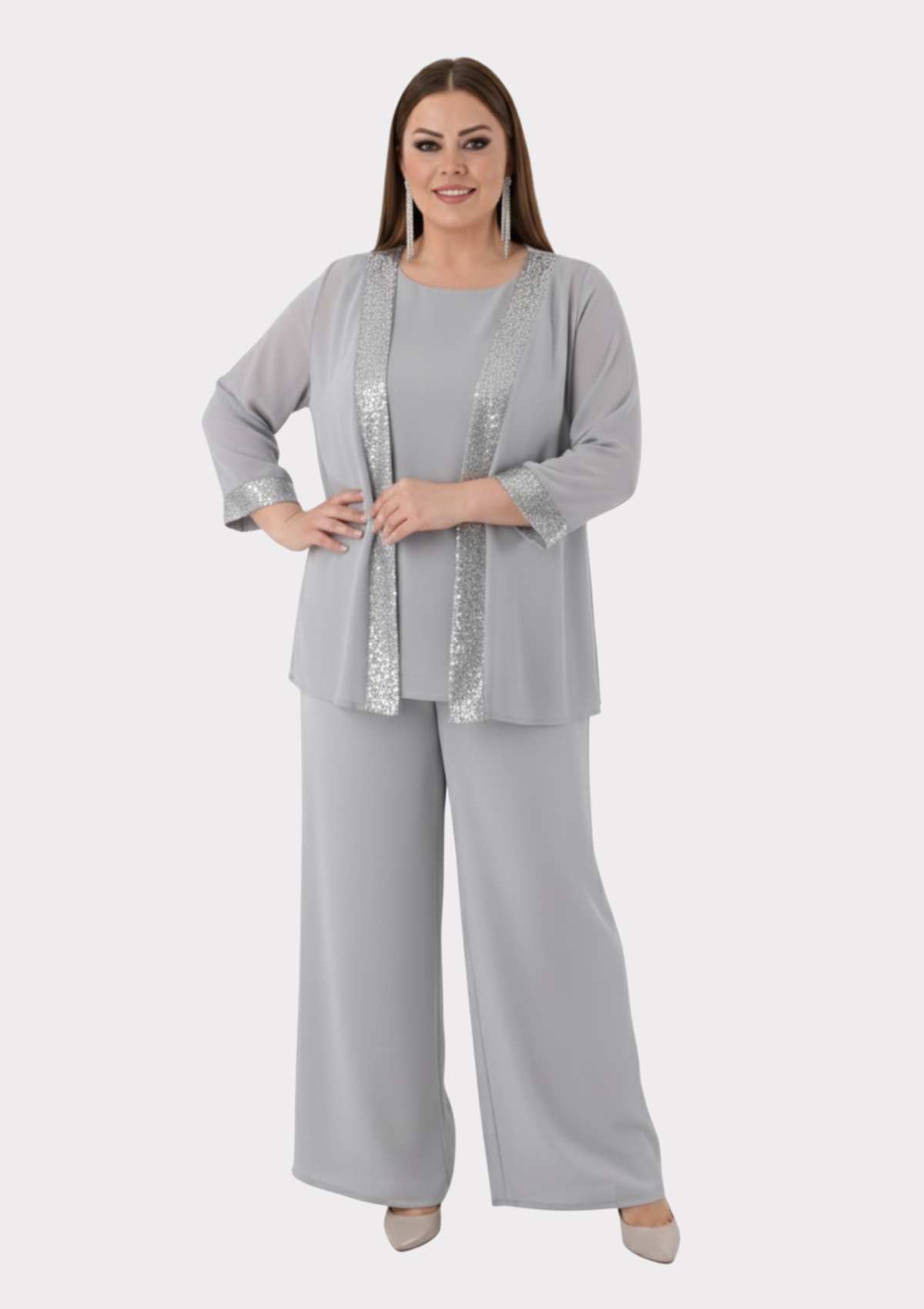 Büyük Beden Gri Renkli Şifon Abiye Pantolon Bluz Takım