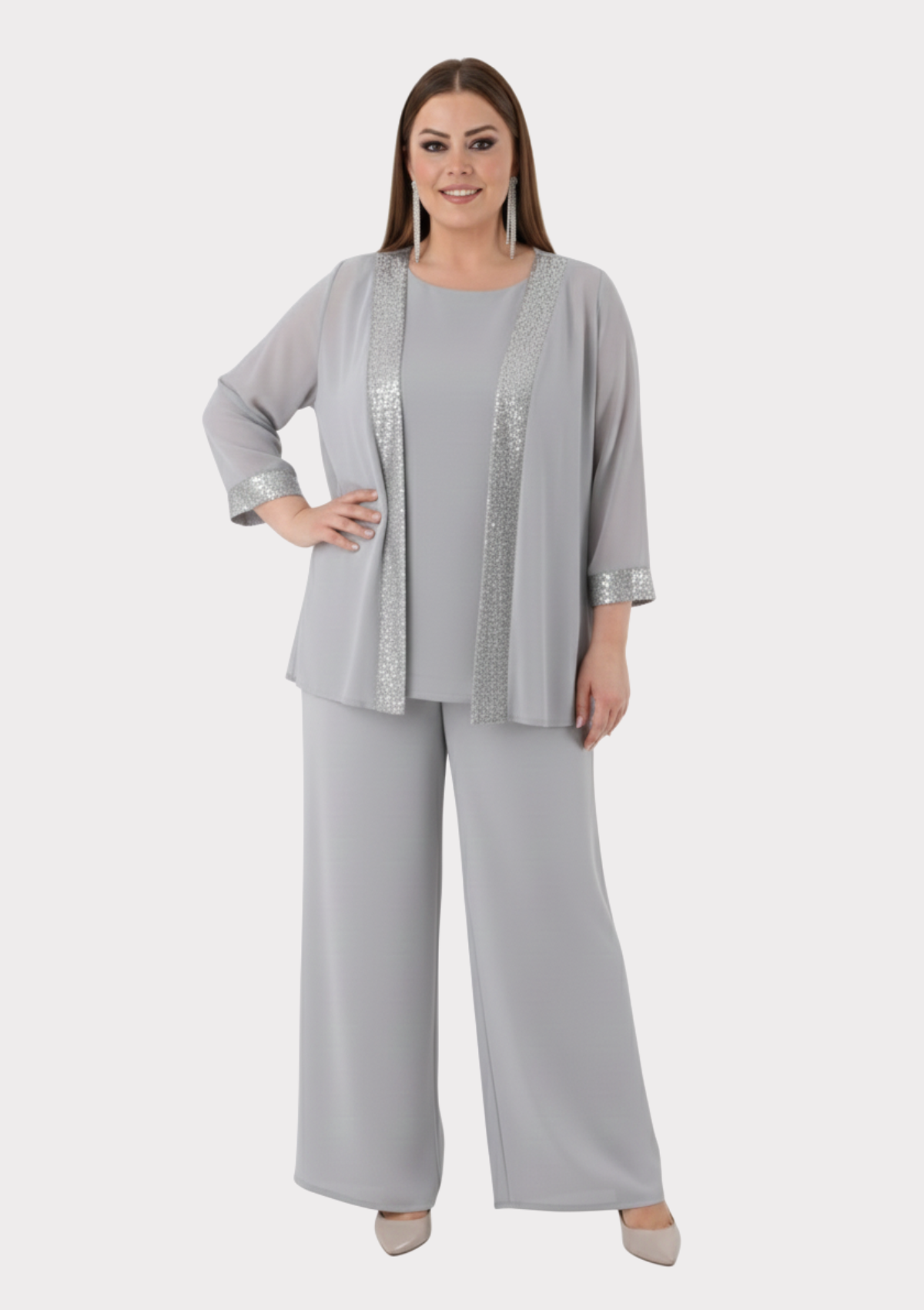 Büyük Beden Gri Renkli Şifon Abiye Pantolon Bluz Takım