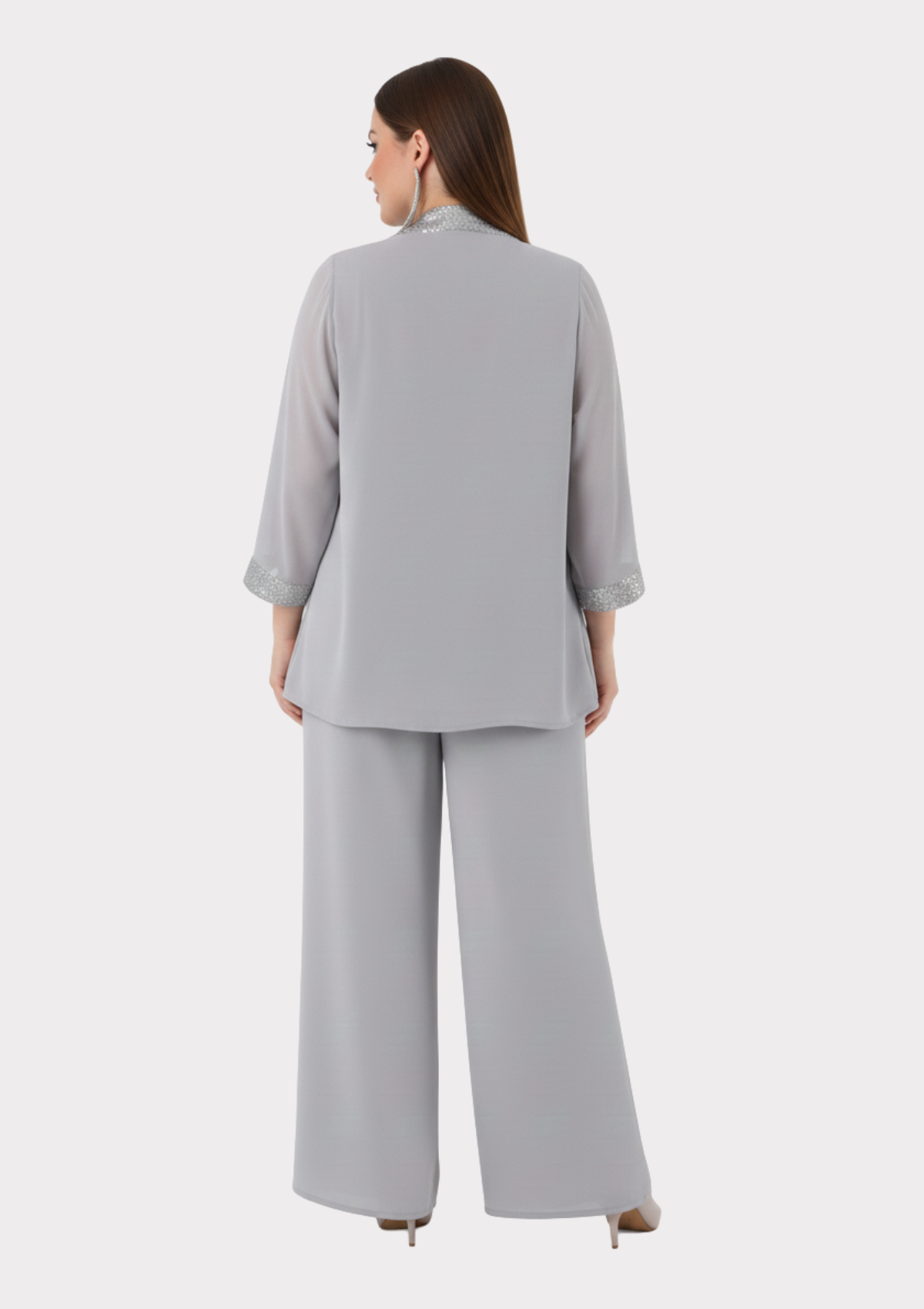 Büyük Beden Gri Renkli Şifon Abiye Pantolon Bluz Takım