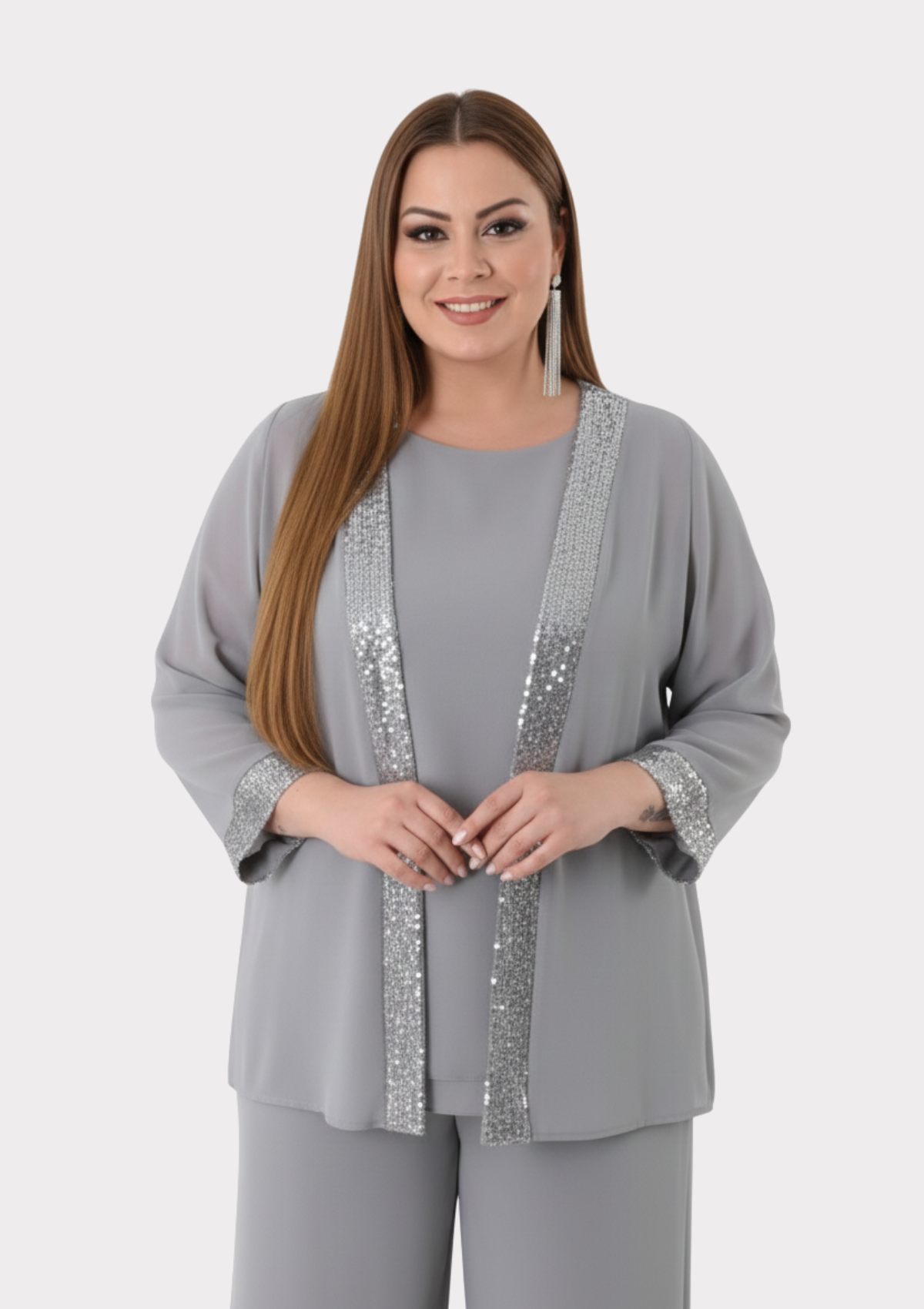 Büyük Beden Gri Renkli Şifon Ceketli Abiye Bluz