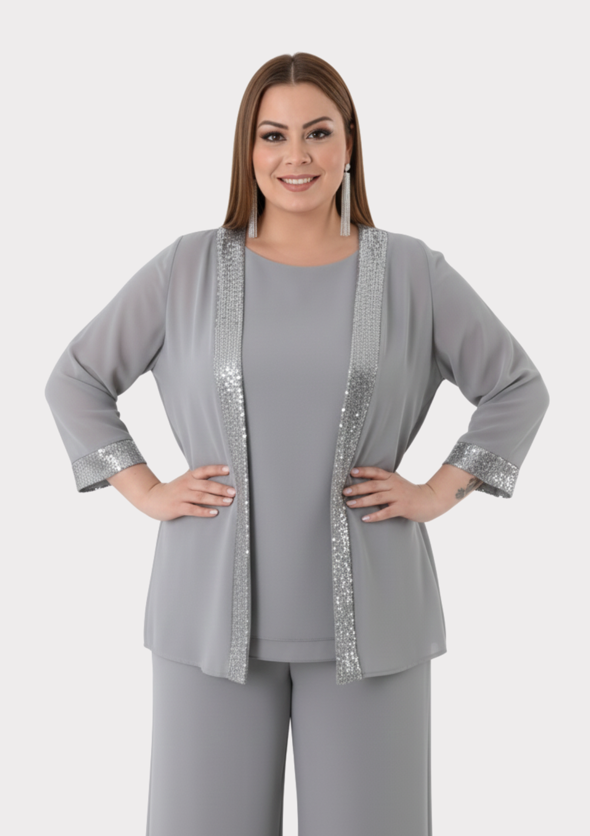 Büyük Beden Gri Renkli Şifon Ceketli Abiye Bluz