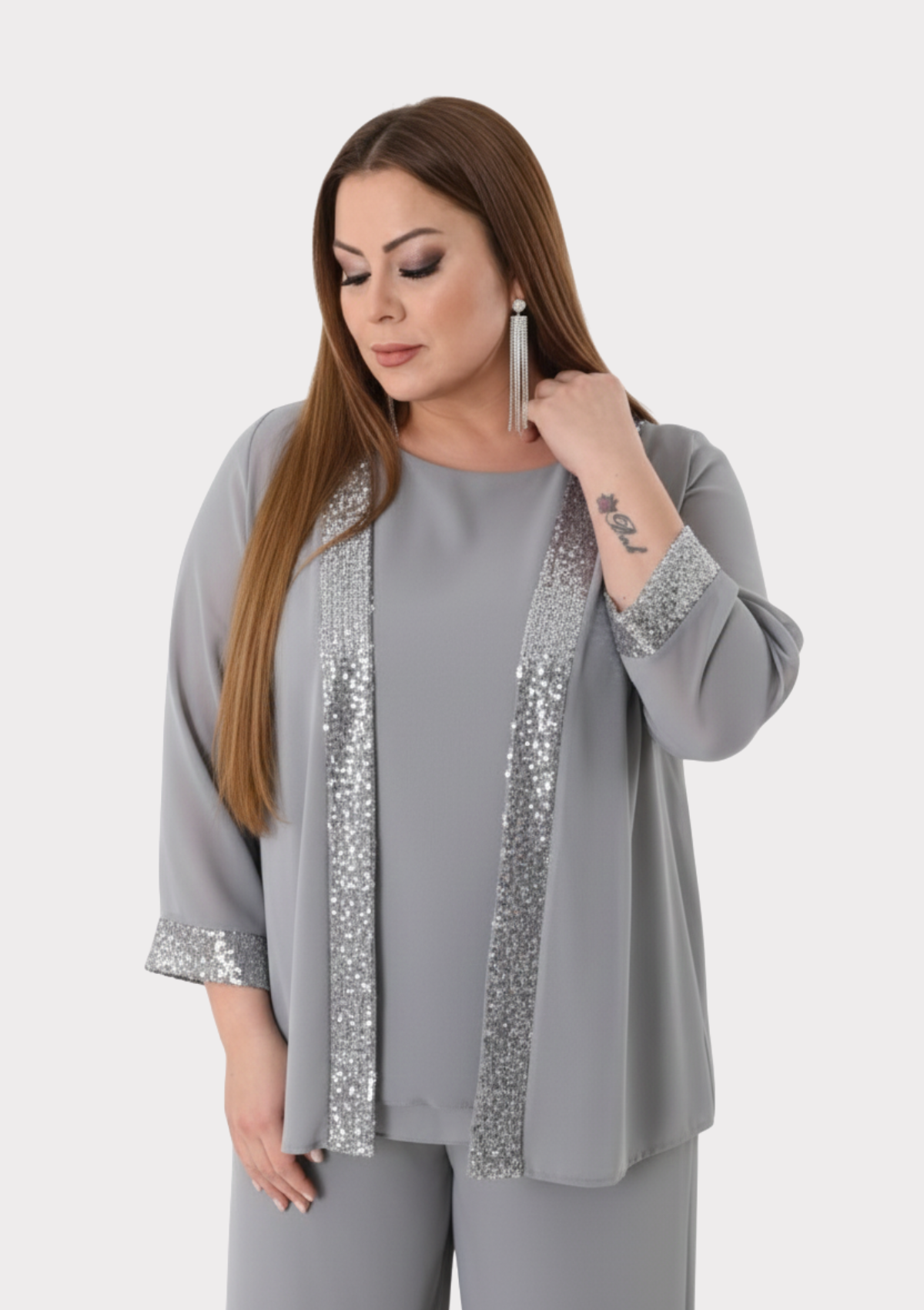 Büyük Beden Gri Renkli Şifon Ceketli Abiye Bluz