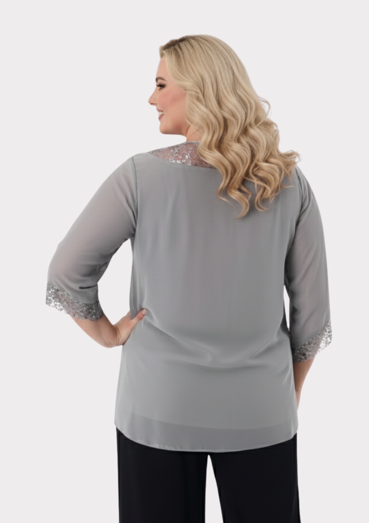 Büyük Beden Gri Renkli Şifon V Yaka Abiye Bluz