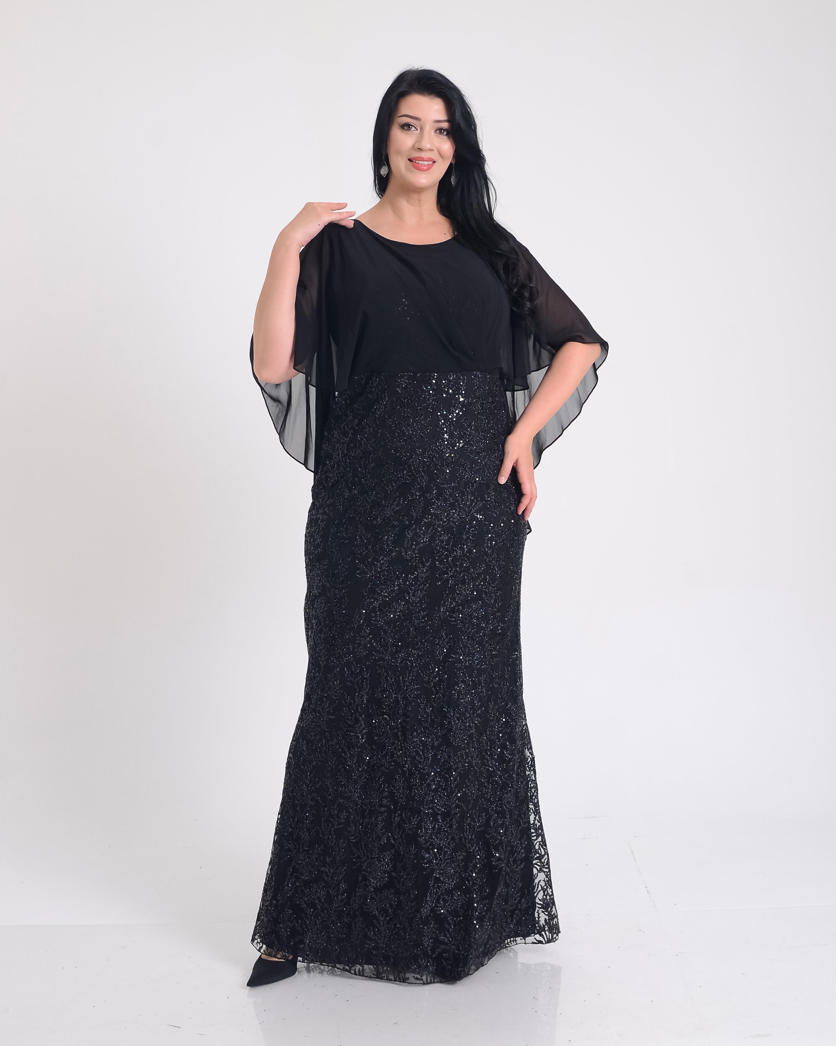 Büyük Beden Griter Baskı Detaylı Siyah Renkli Abiye Elbise