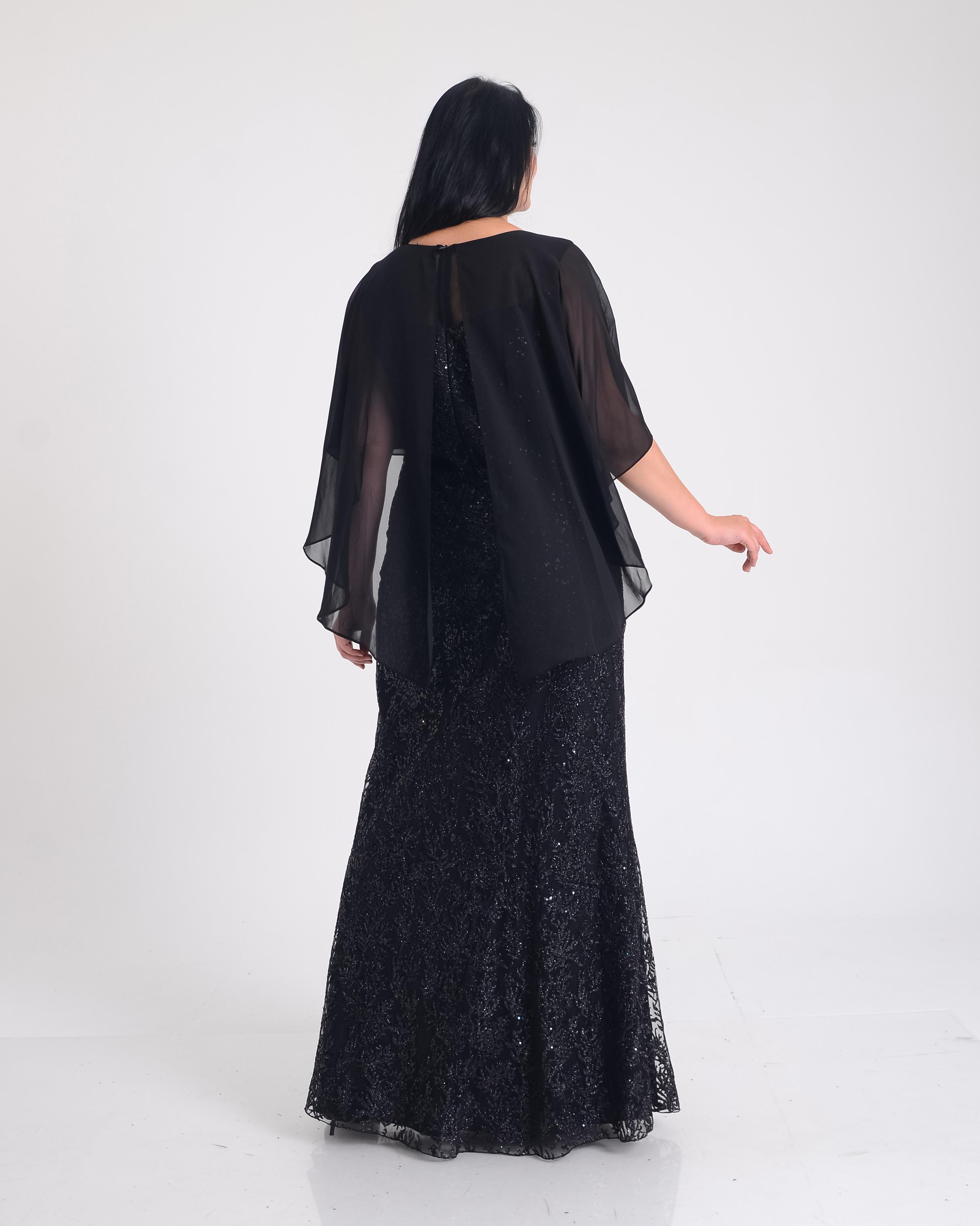 Büyük Beden Griter Baskı Detaylı Siyah Renkli Abiye Elbise