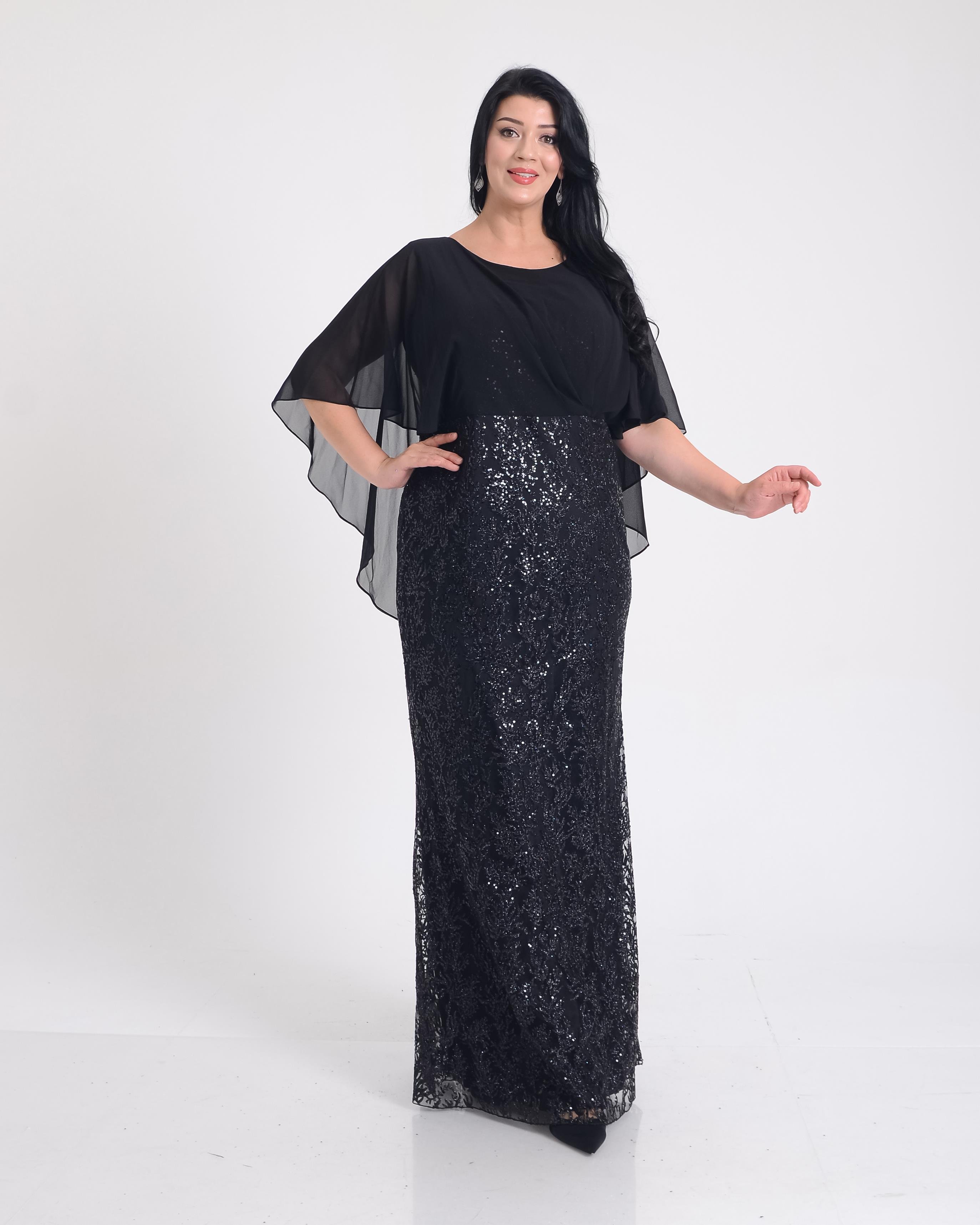 Büyük Beden Griter Baskı Detaylı Siyah Renkli Abiye Elbise