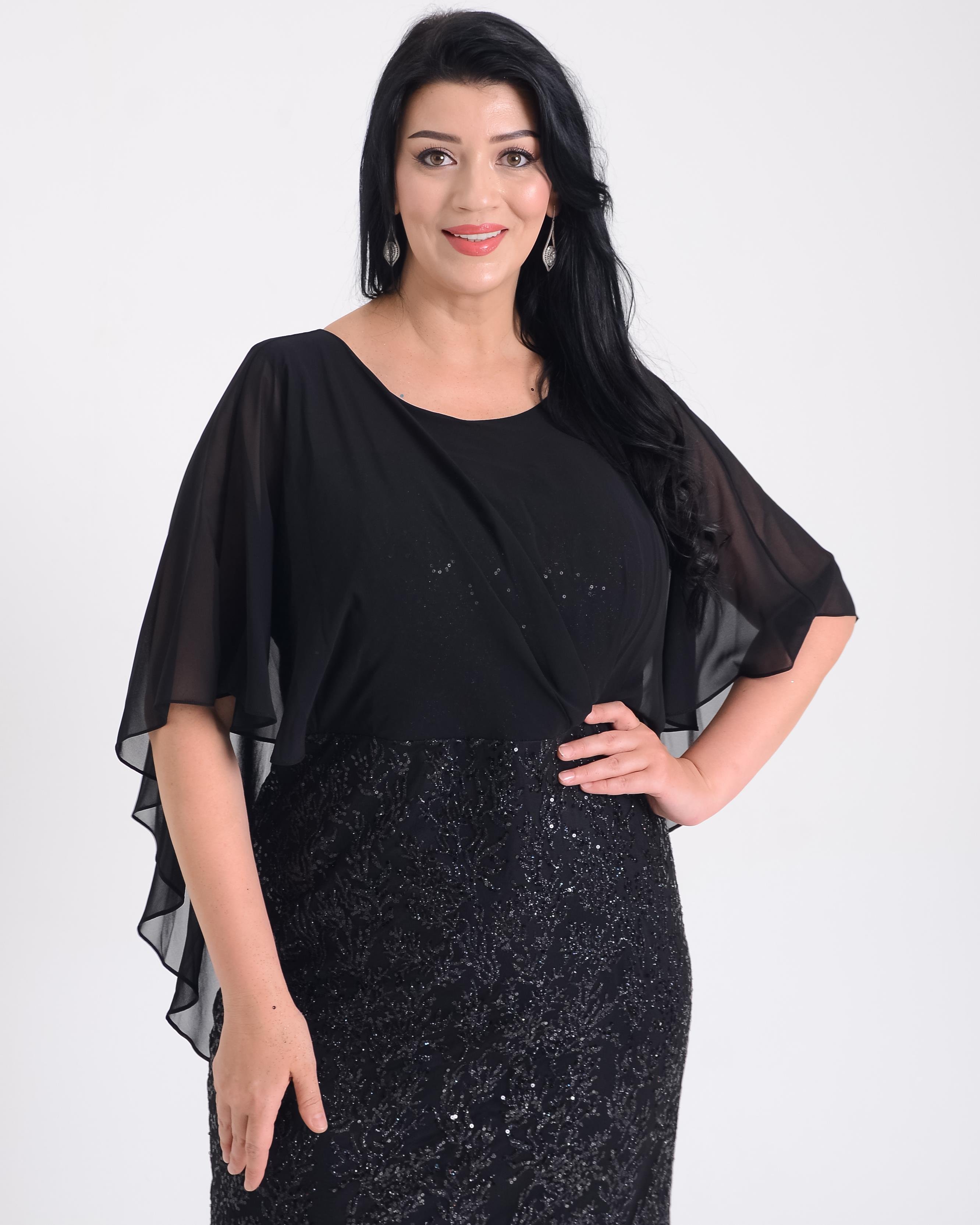 Büyük Beden Griter Baskı Detaylı Siyah Renkli Abiye Elbise