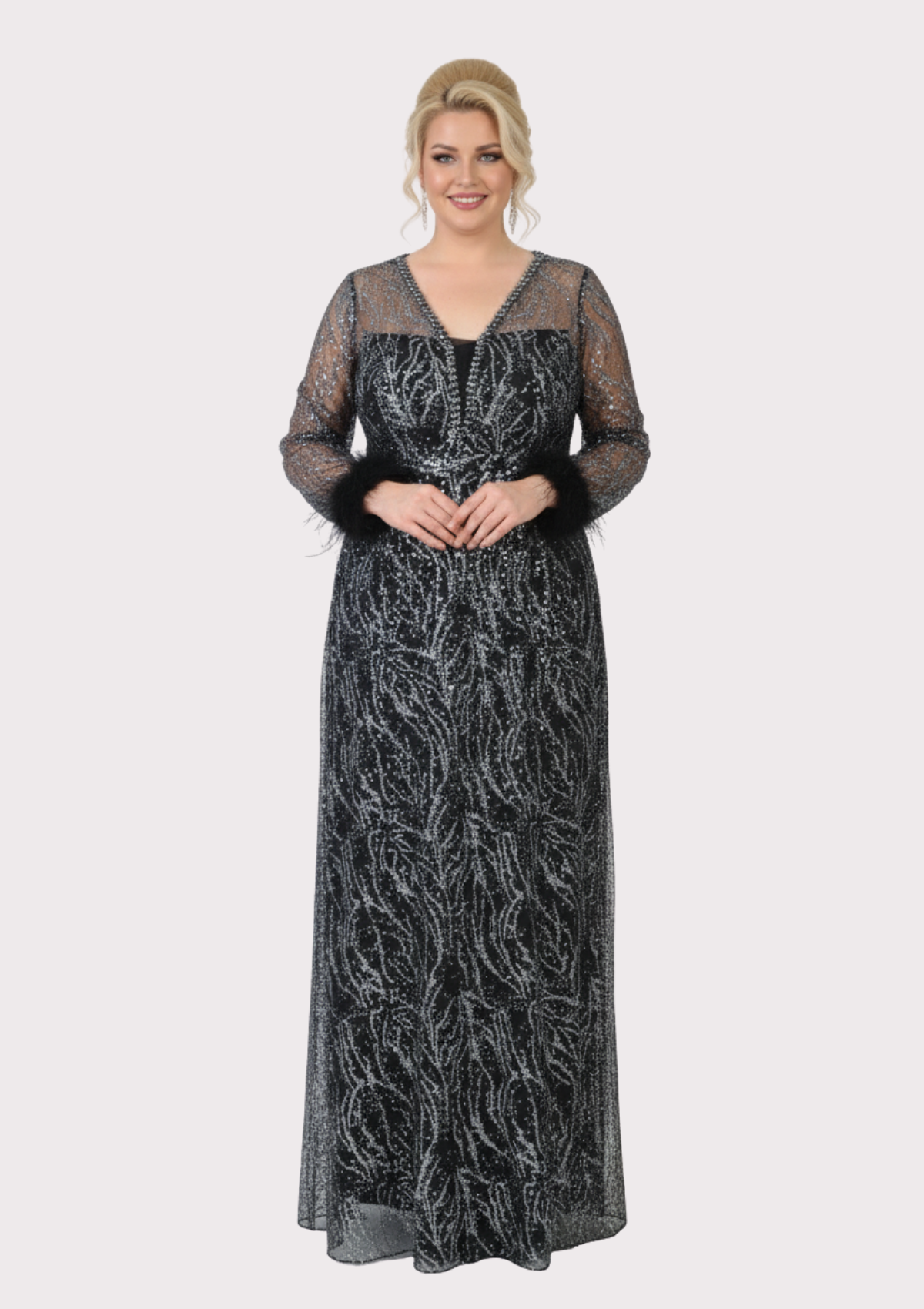 Büyük Beden Griter Baskı Gri Renkli Abiye Elbise