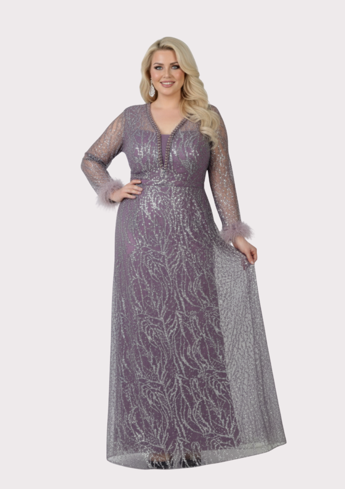 Büyük Beden Griter Baskı Lavanta Renkli Abiye Elbise