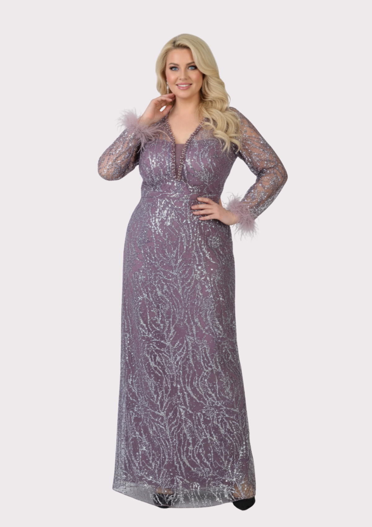 Büyük Beden Griter Baskı Lavanta Renkli Abiye Elbise