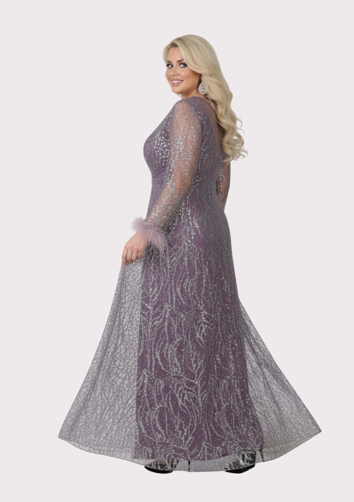 Büyük Beden Griter Baskı Lavanta Renkli Abiye Elbise