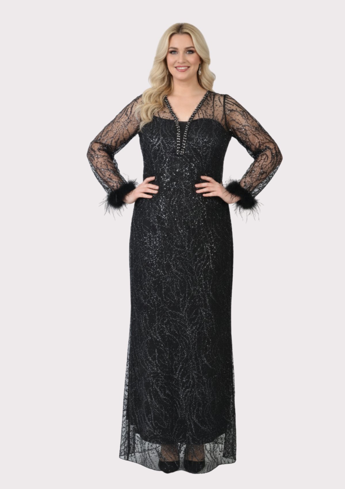 Büyük Beden Griter Baskı Siyah Renkli Abiye Elbise