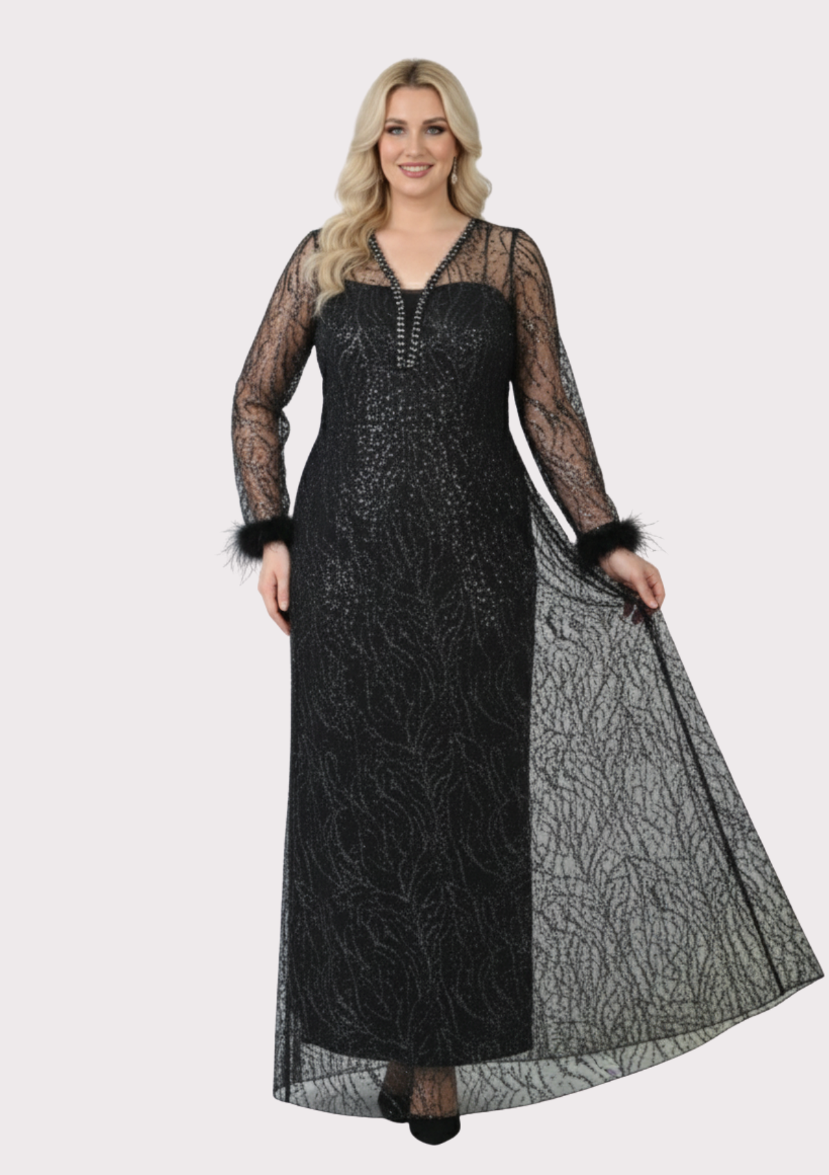 Büyük Beden Griter Baskı Siyah Renkli Abiye Elbise