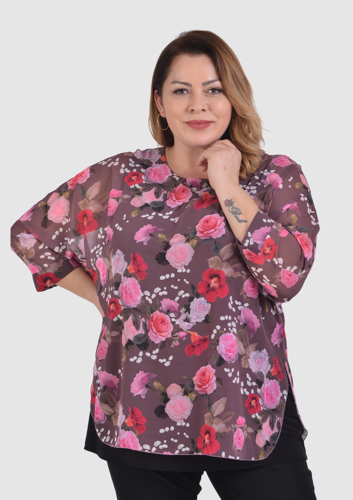 Büyük Beden Gül Kurusu Desenli Şifon Bluz
