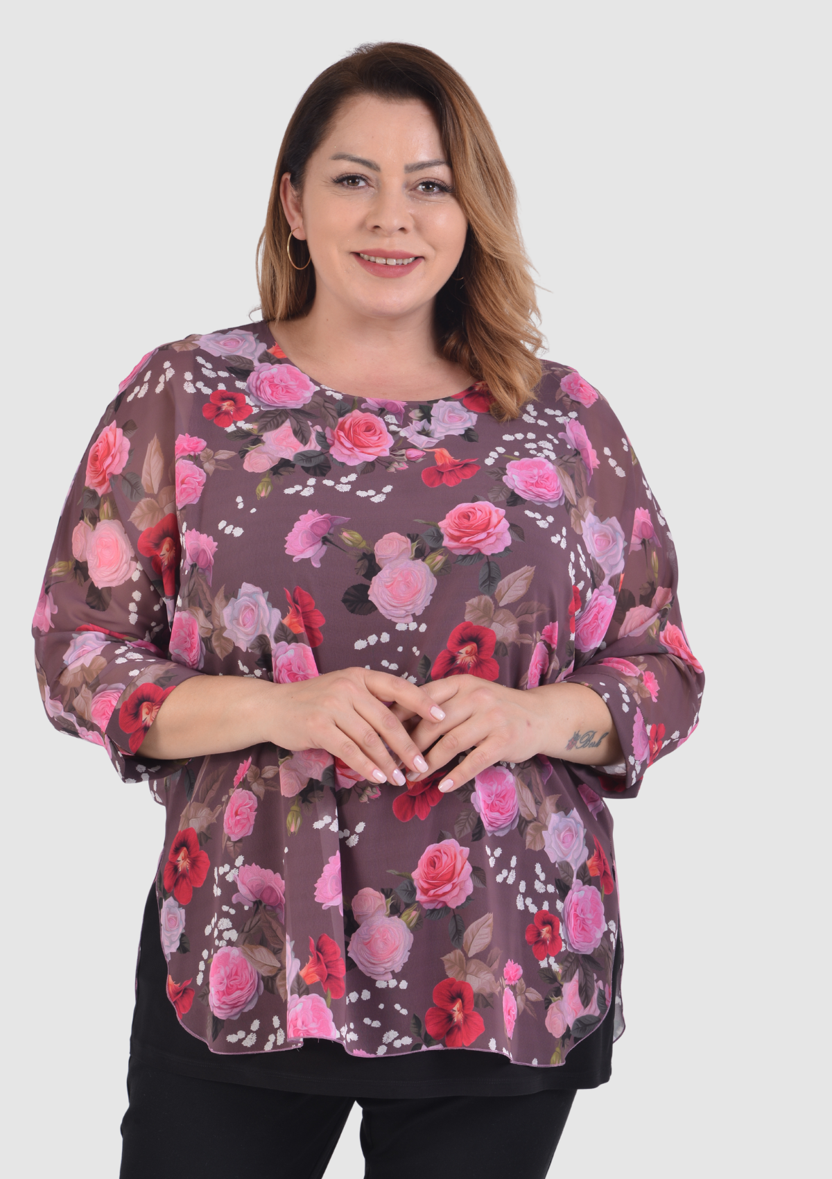 Büyük Beden Gül Kurusu Desenli Şifon Bluz
