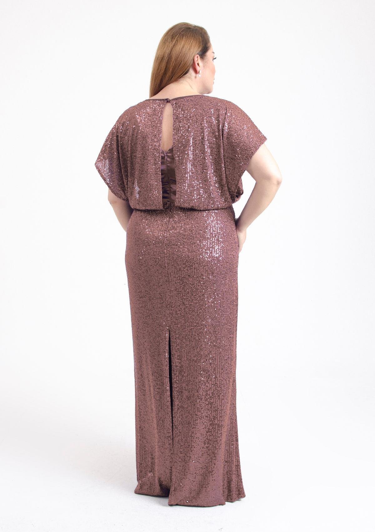 Büyük Beden Gül Kurusu Renkli Pul Payetli Uzun Abiye Elbise