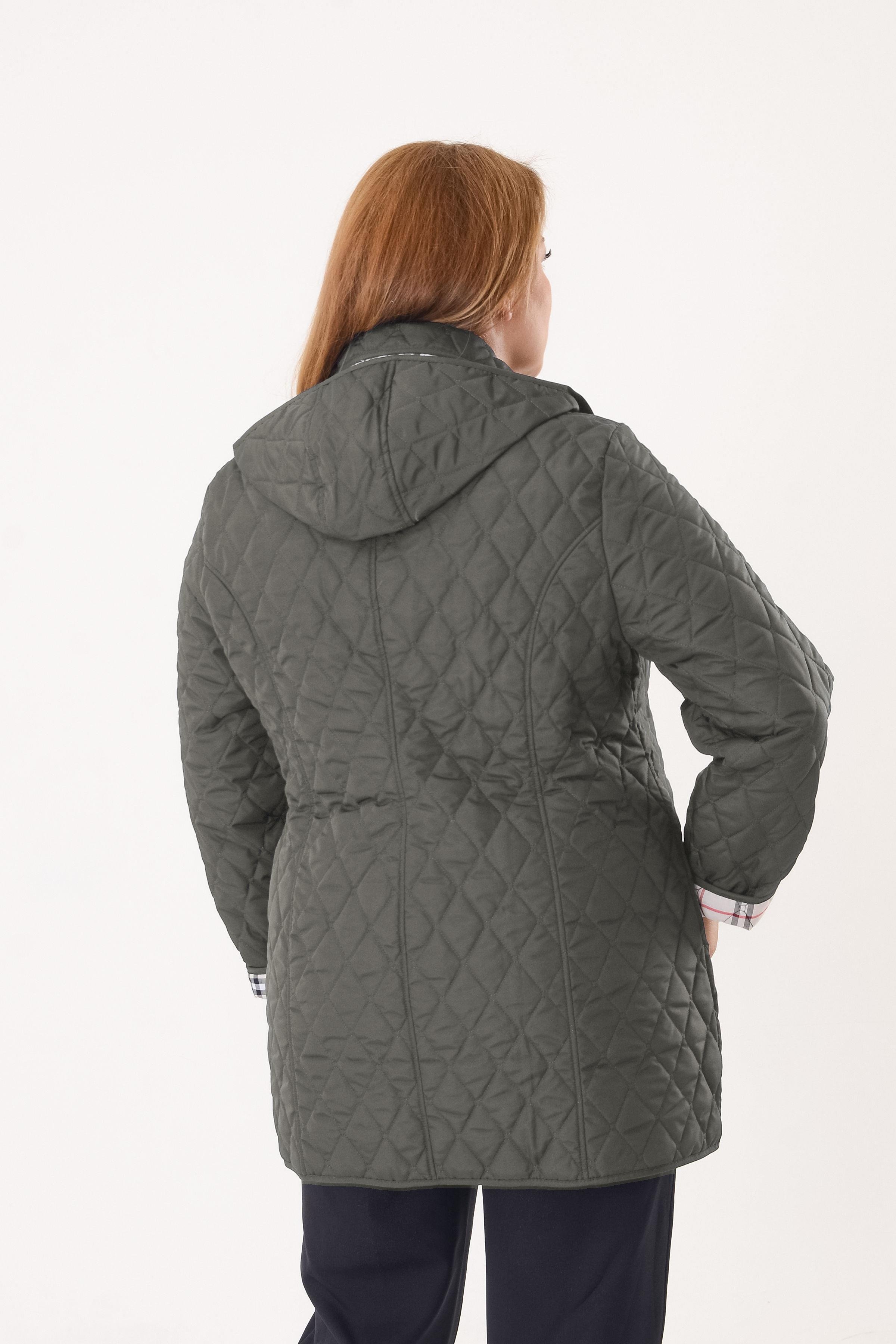 Büyük Beden Haki Renk İçi Ekose Desenli Kapitone Mont