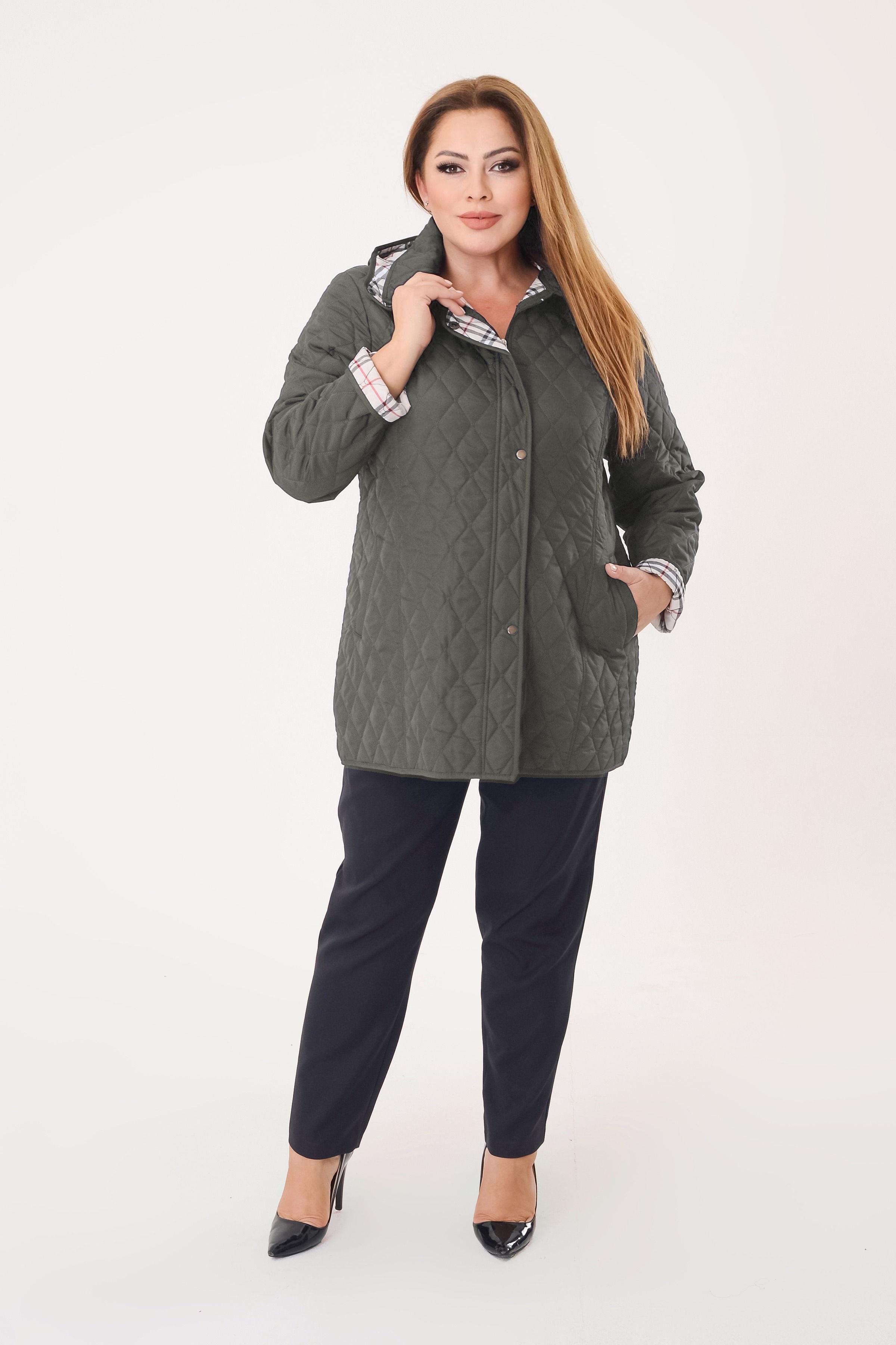 Büyük Beden Haki Renk İçi Ekose Desenli Kapitone Mont