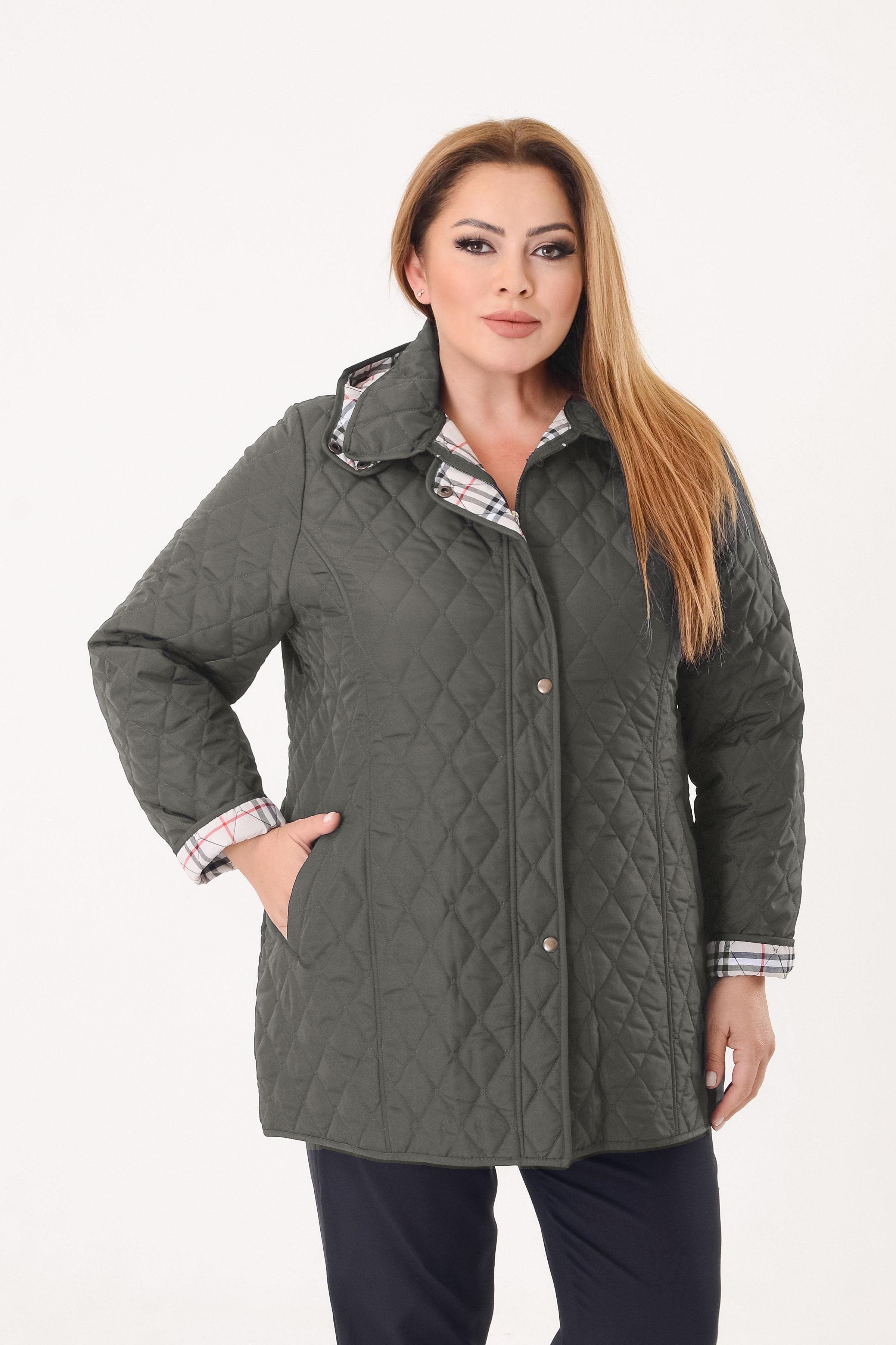 Büyük Beden Haki Renk İçi Ekose Desenli Kapitone Mont