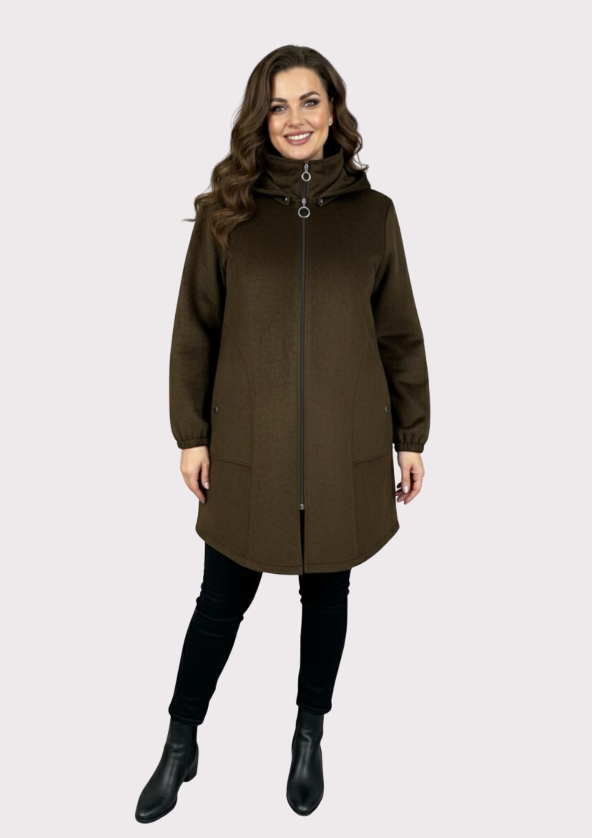 Büyük Beden Haki Renkli Süet Kapşonlu Uzun  Ceket