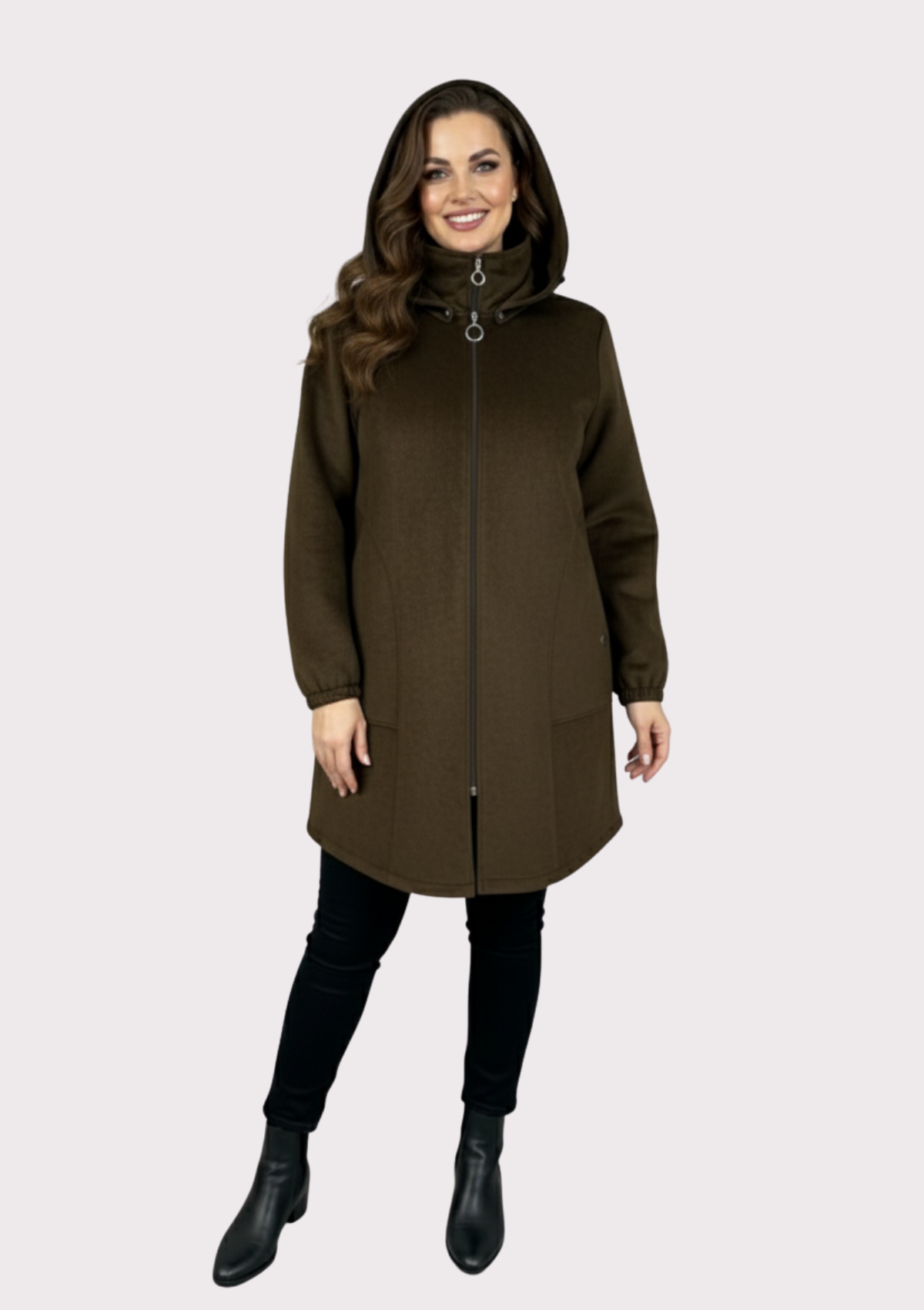 Büyük Beden Haki Renkli Süet Kapşonlu Uzun  Ceket
