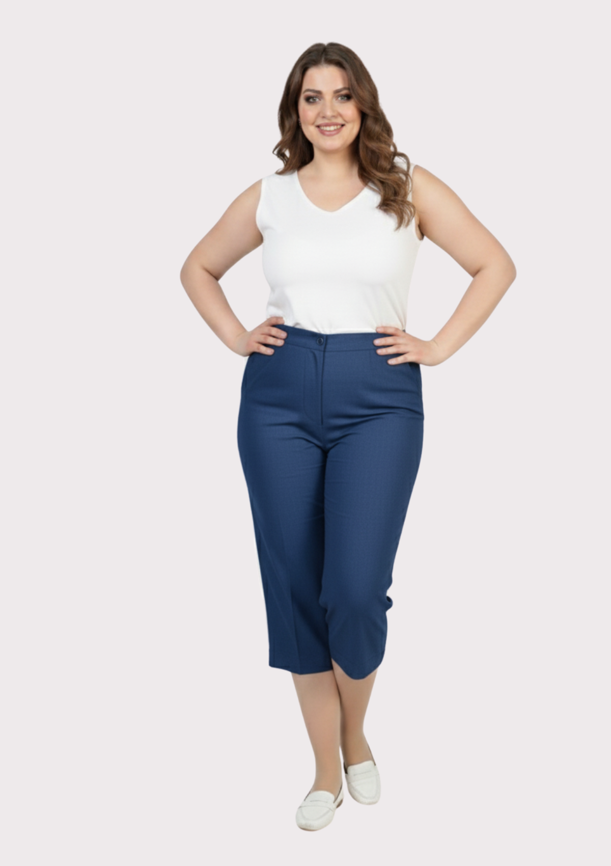 Büyük Beden İndigo Renkli Kumaş Kapri Pantolon