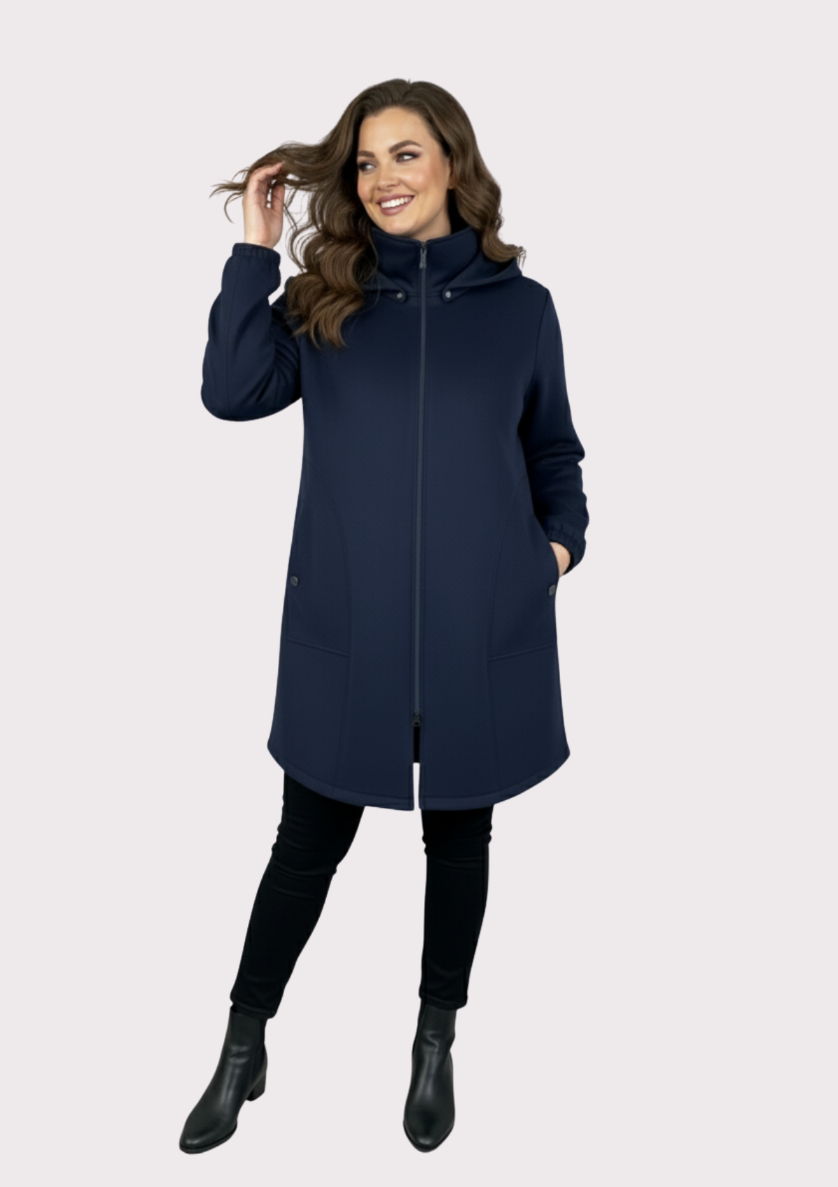 Büyük Beden İndigo Renkli Süet Kapşonlu Uzun  Ceket