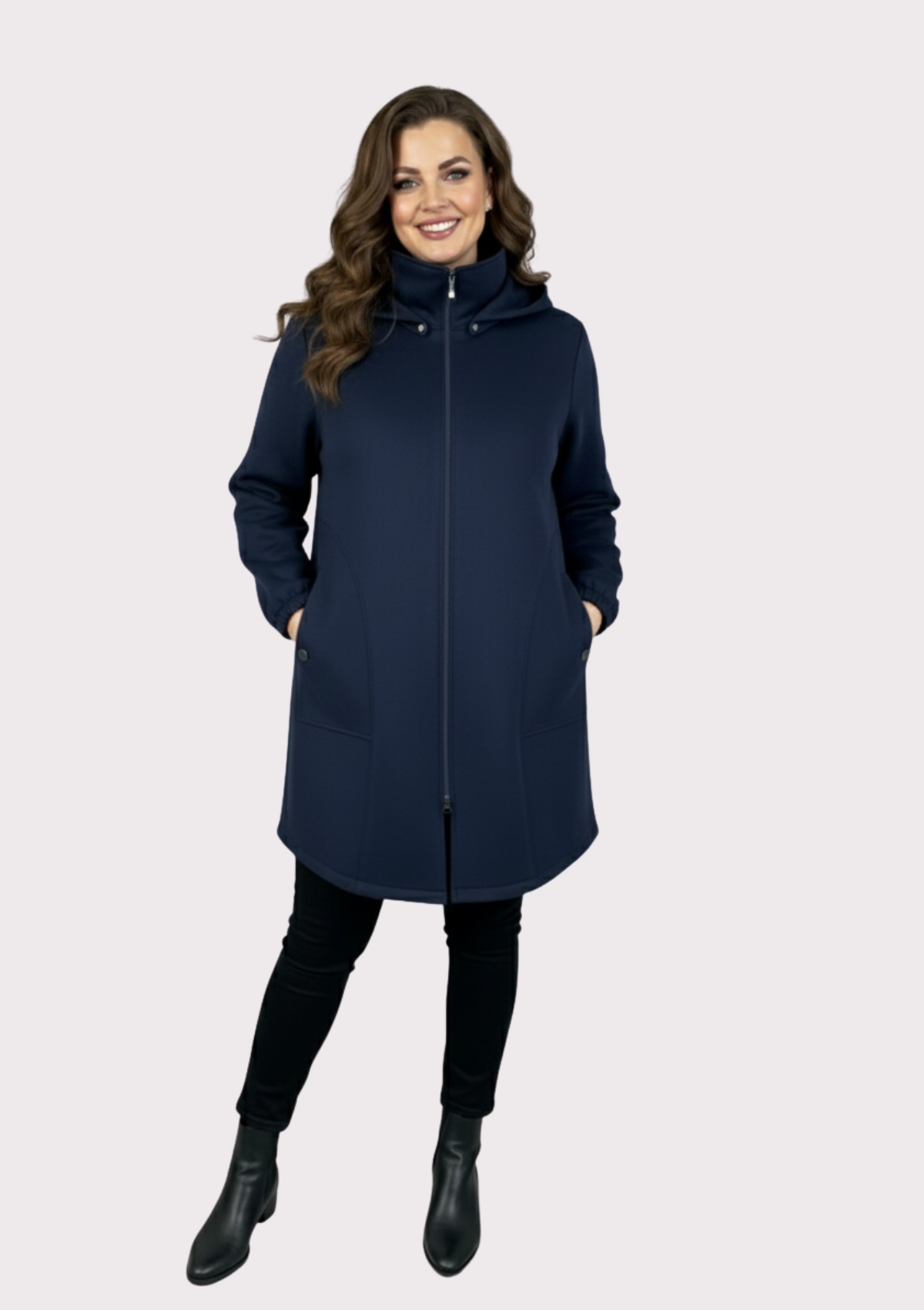 Büyük Beden İndigo Renkli Süet Kapşonlu Uzun  Ceket