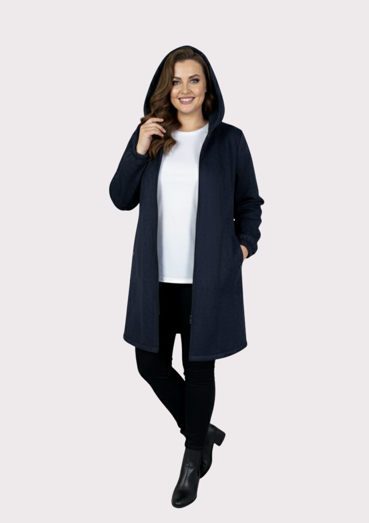 Büyük Beden İndigo Renkli Süet Kapşonlu Uzun  Ceket