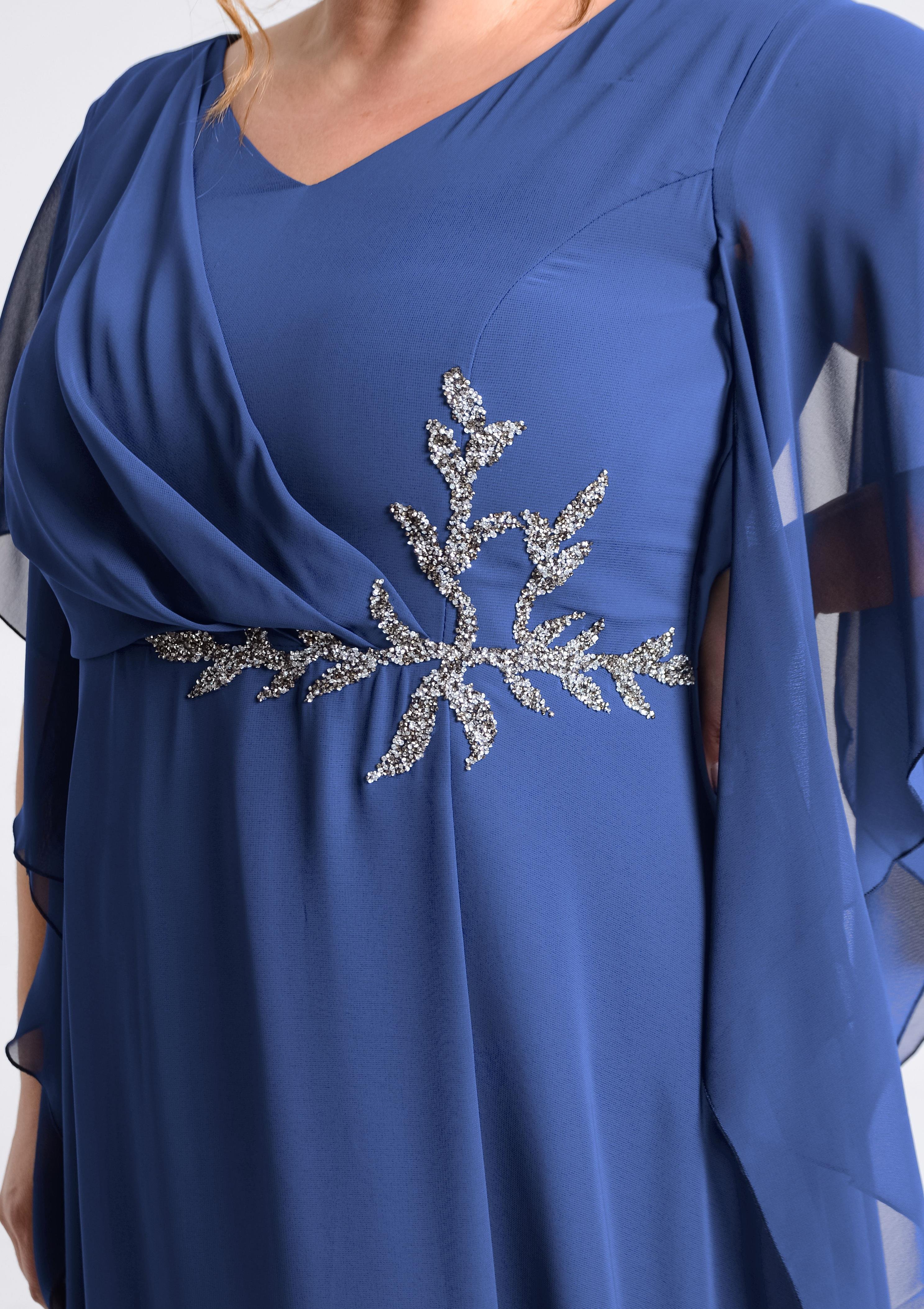 Büyük Beden İndigo Renkli Yırtmaçlı Uzun Şifon Abiye Elbise